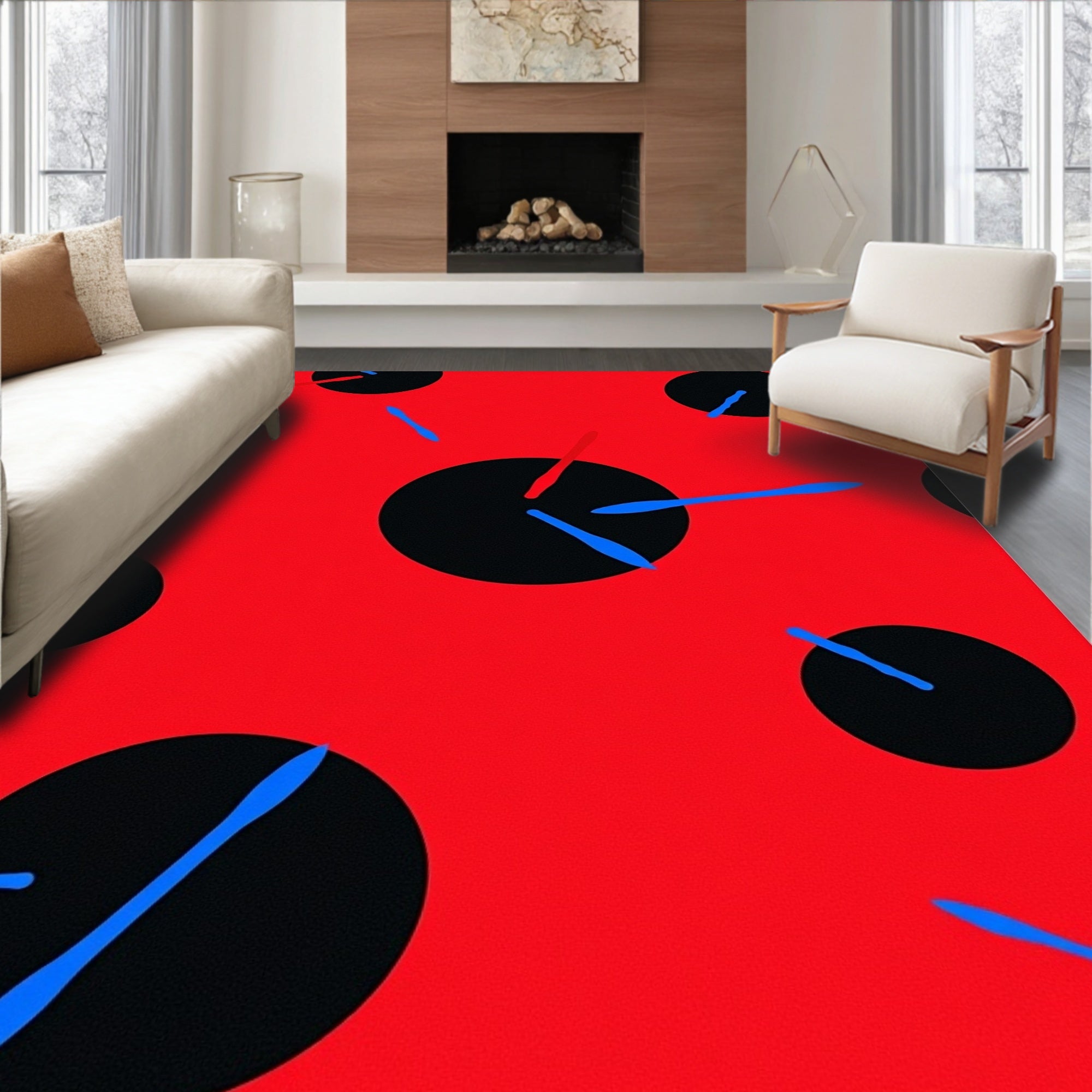 Red Black Abstract Circles Blue Streaks Rug