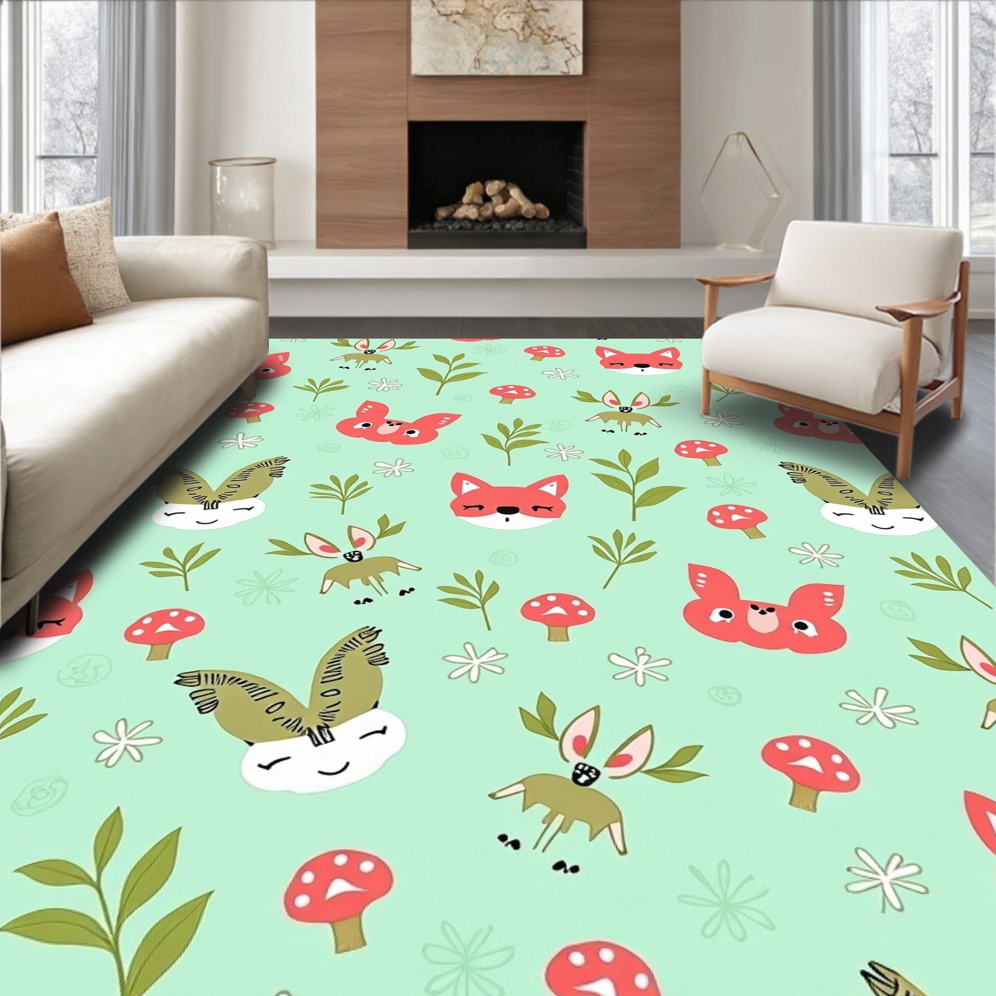 Woodland Creatures Coral Tan Forest Rug