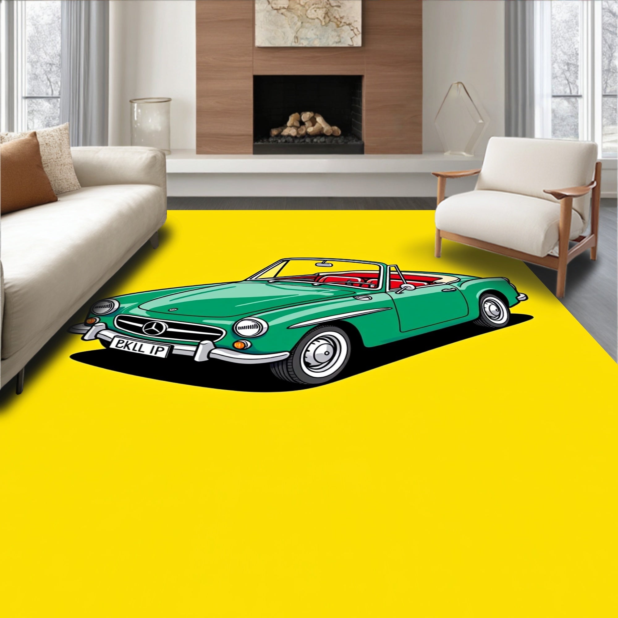 Green Vintage Convertible Yellow Background Rug