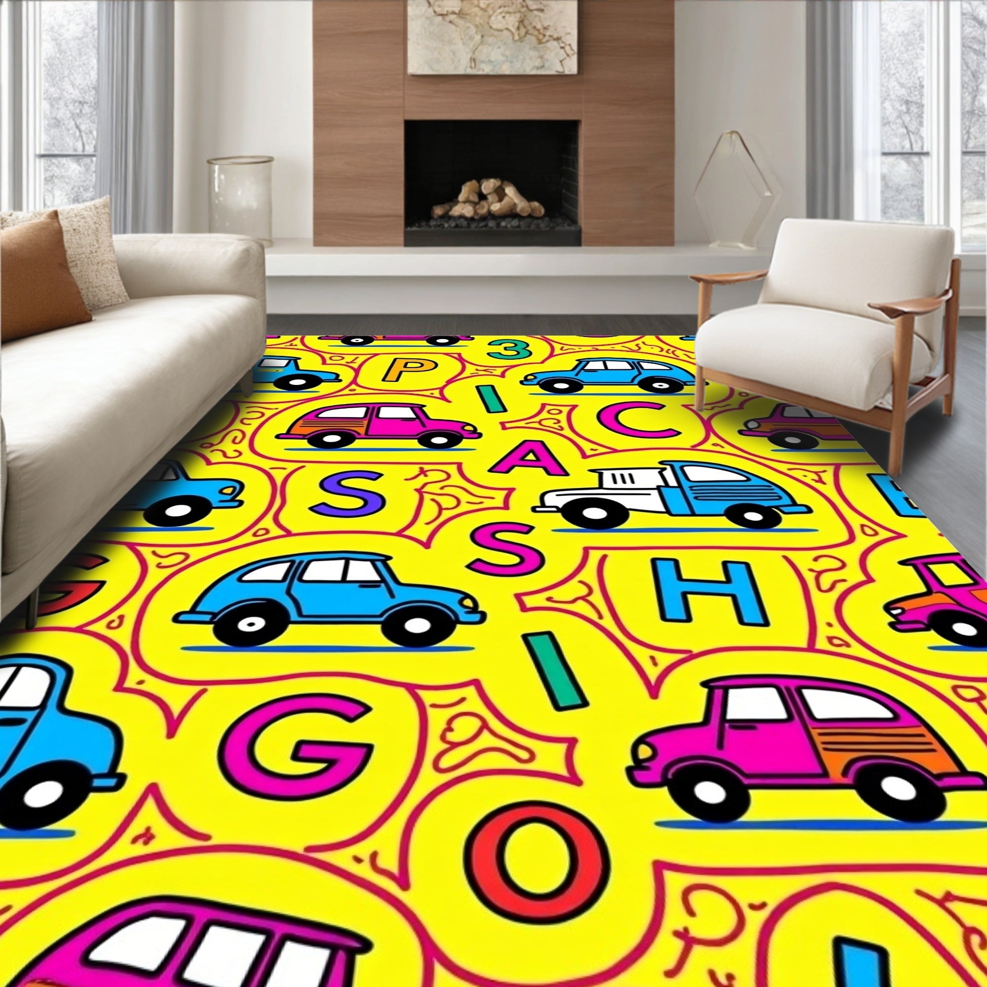 Alphabet Cars Playful Yellow Kids Rug