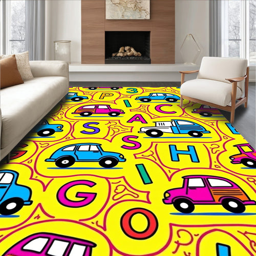 Alphabet Cars Playful Yellow Kids Rug