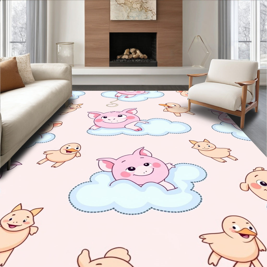 Whimsical Pink Piglets Playful Animals Clouds Rug