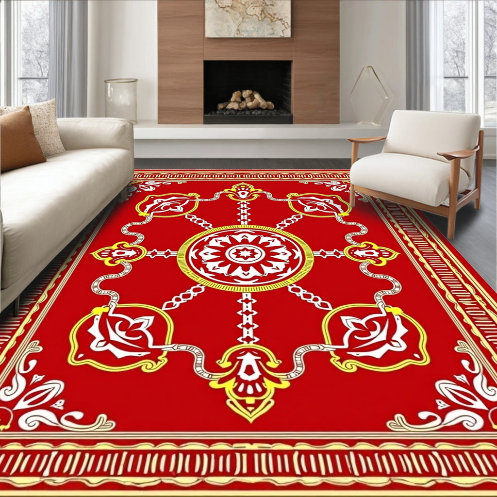 Crimson White Yellow Medallion Filigree Rug