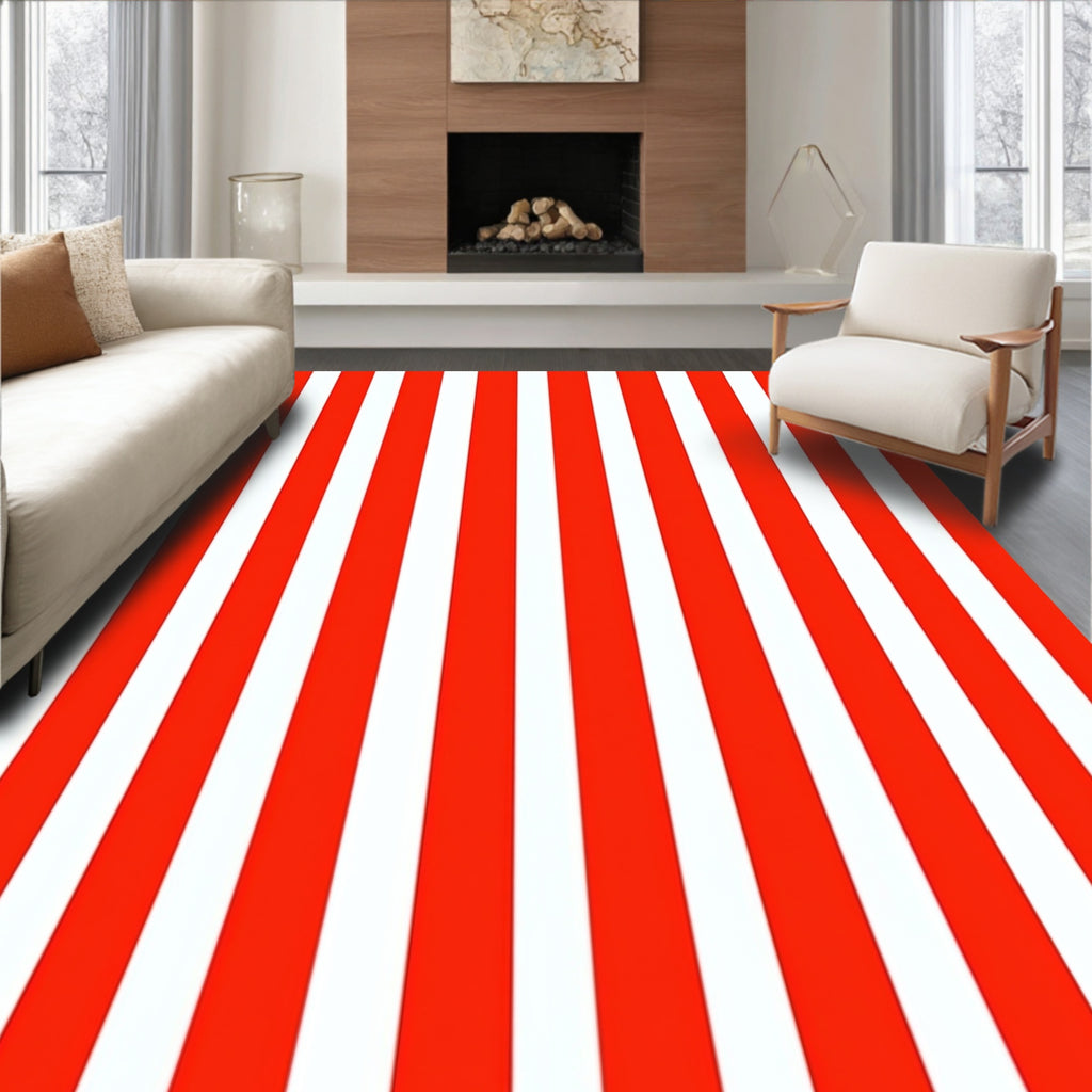Bold Red White Vertical Stripe Rug