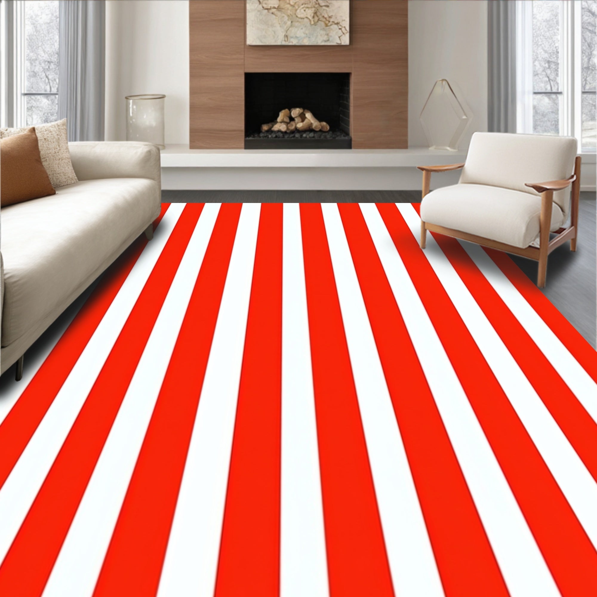 Bold Red White Vertical Stripe Rug