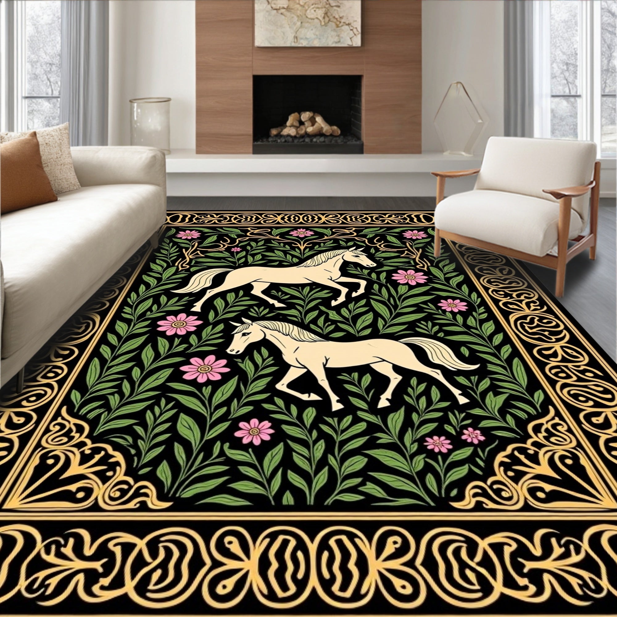 Cream Horses Pink Flowers Green Foliage Rug