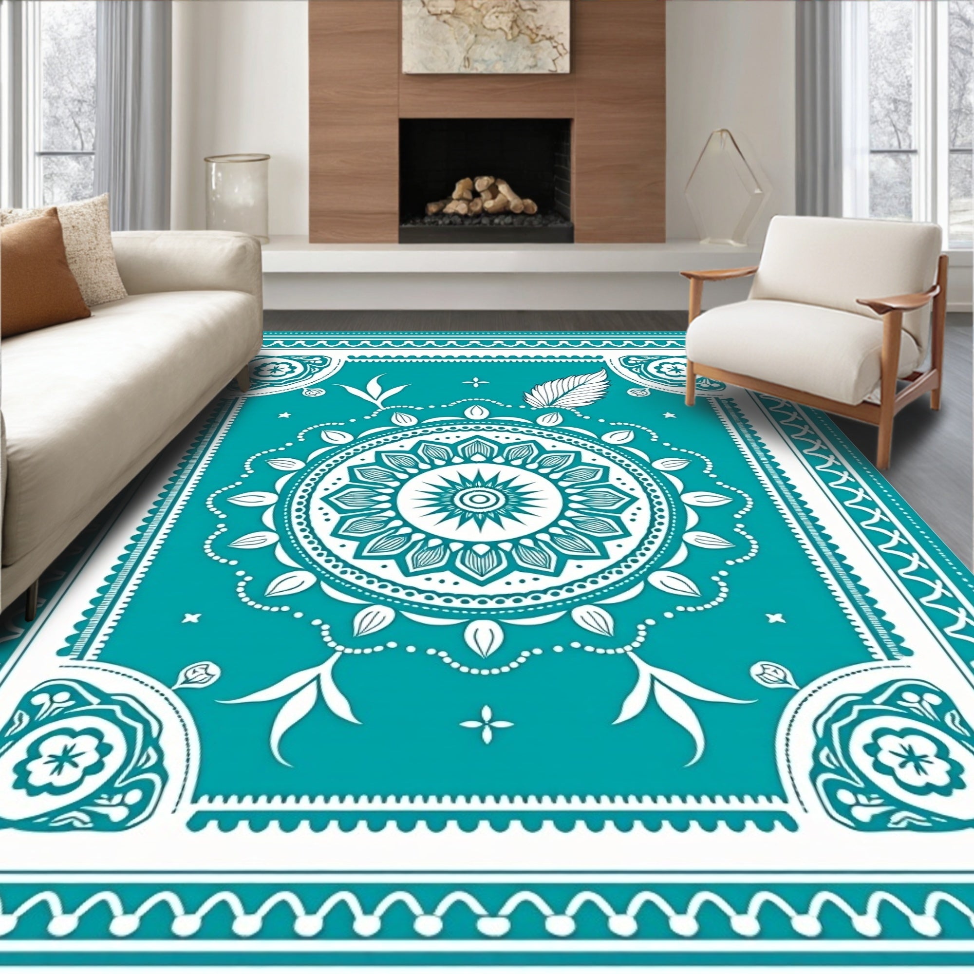 Teal Medallion Floral Border Rug
