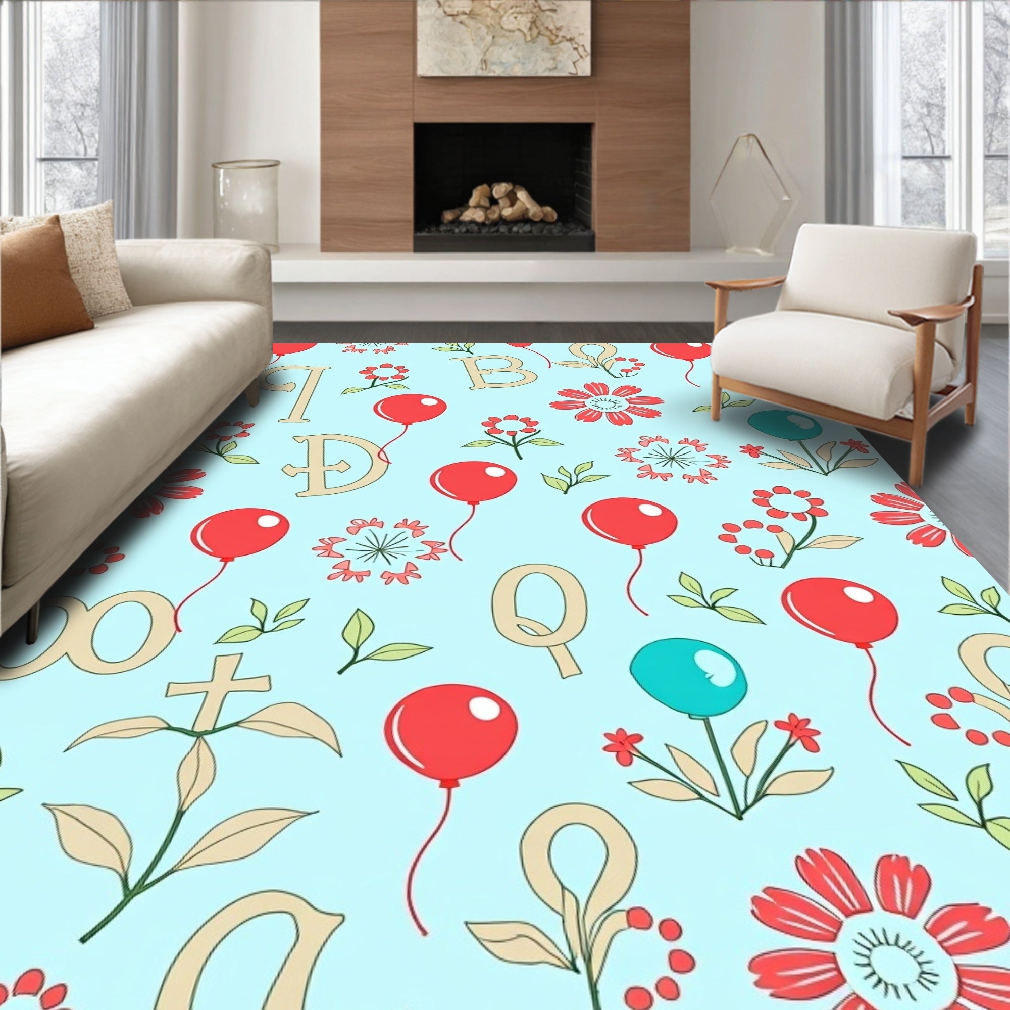 Red Balloons Floral Alphabet Whimsical Rug