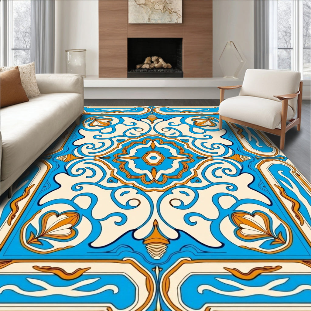 Vibrant Blue and Orange Ornamental Medallion Rug