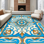 Vibrant Blue and Orange Ornamental Medallion Rug