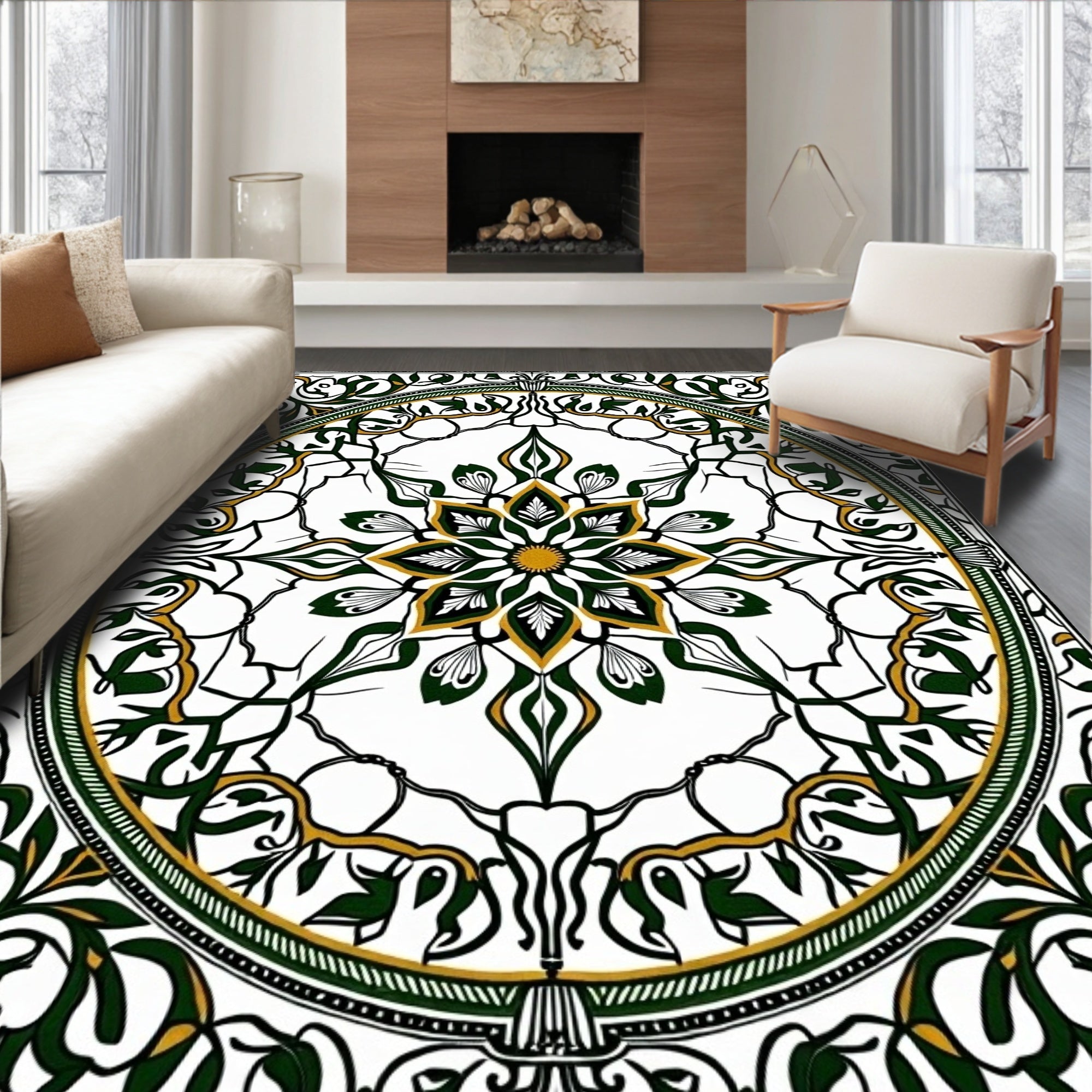 Elaborate Green Gold Floral Mandala Rug