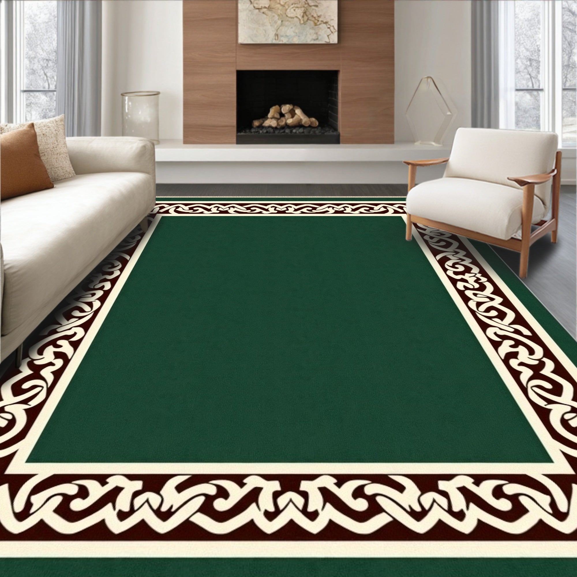 Deep Forest Green Linked Knot Border Rug