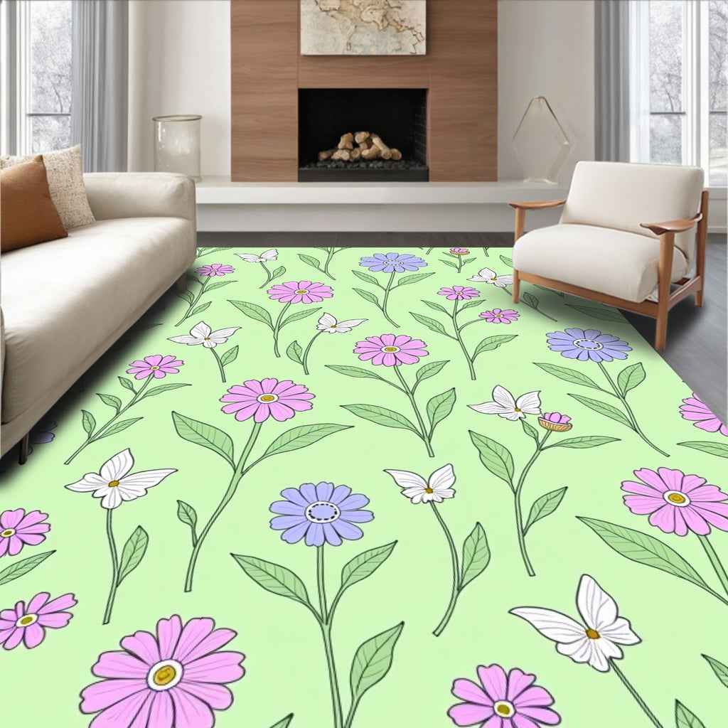 Spring Flowers Butterflies Green Background Rug