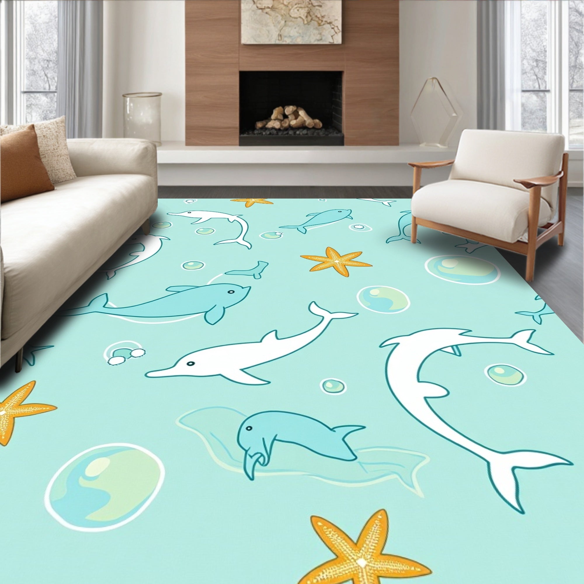 Playful White Blue Dolphin Starfish Collection Rug