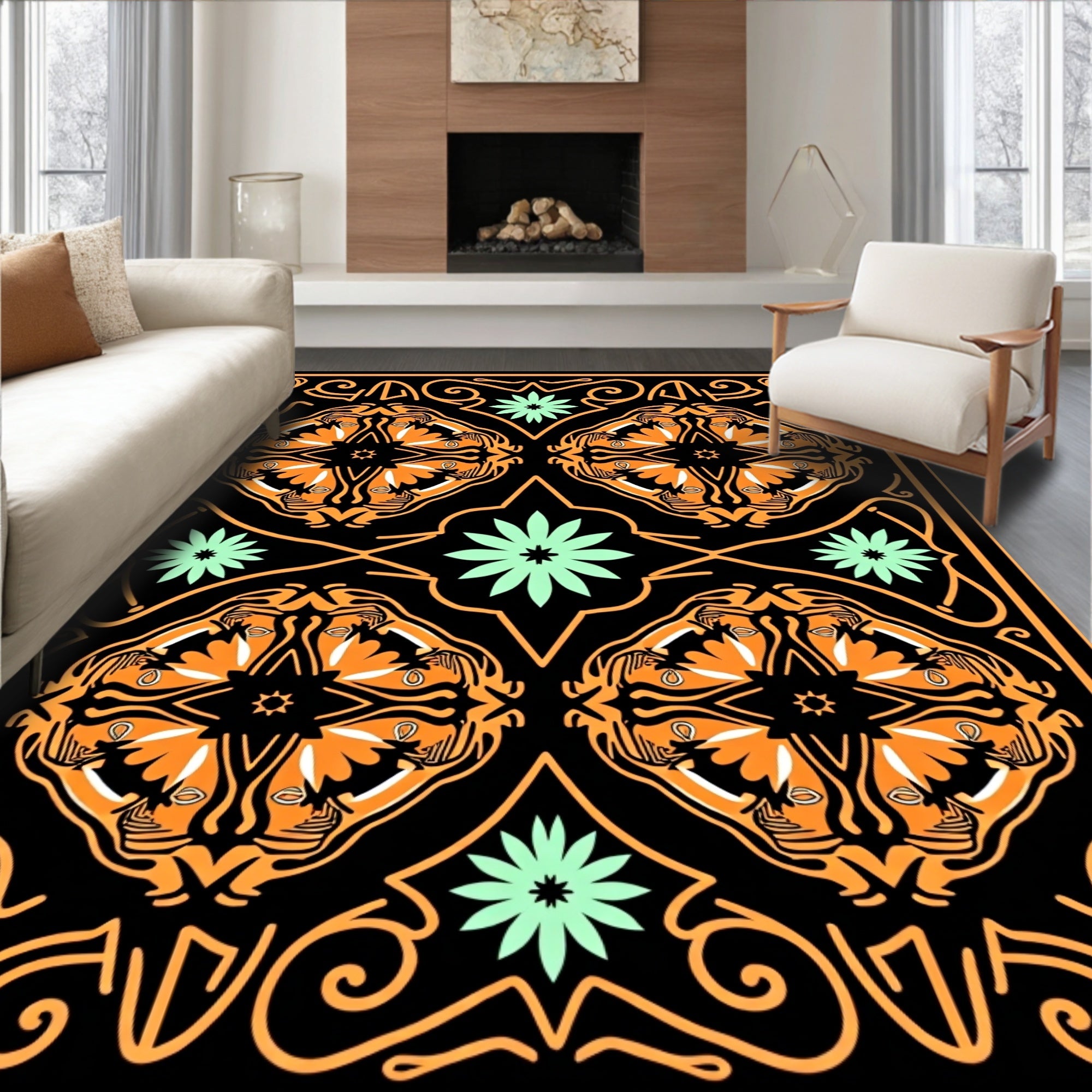 Orange Black Mint Green Floral Mandala Rug