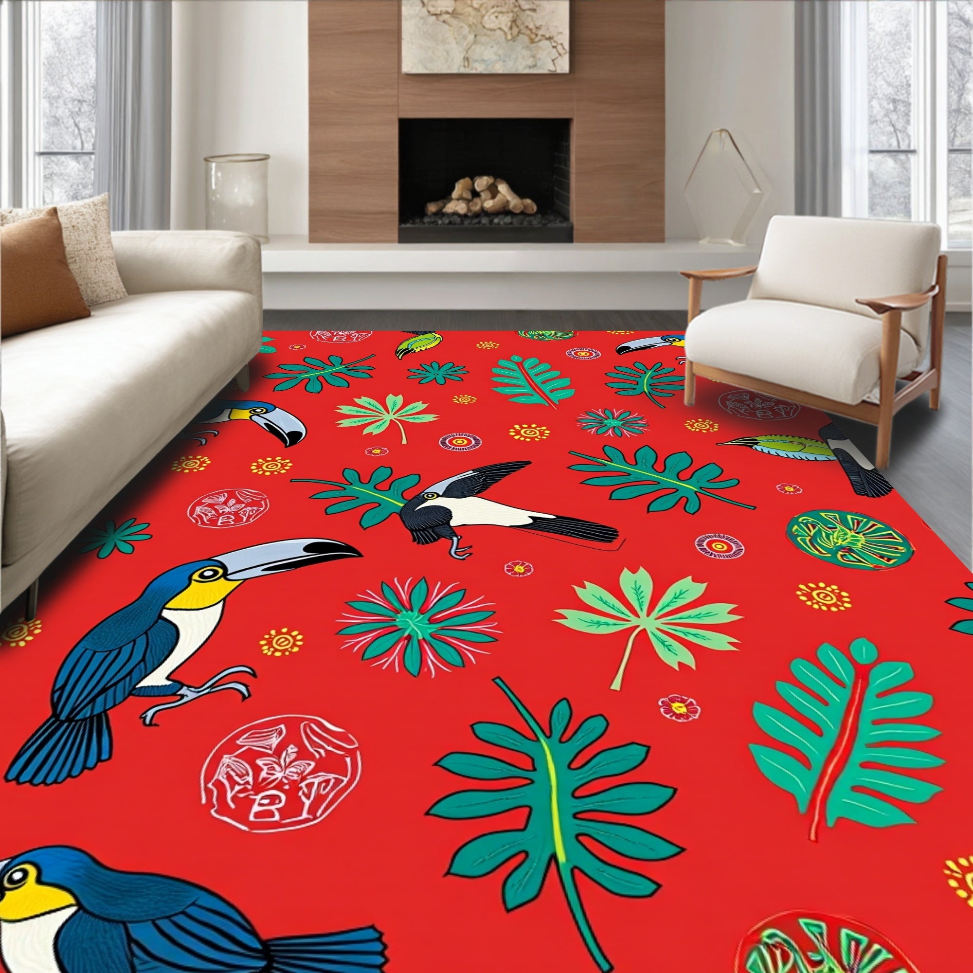 Tropical Toucan Leaf Red Collage Rug