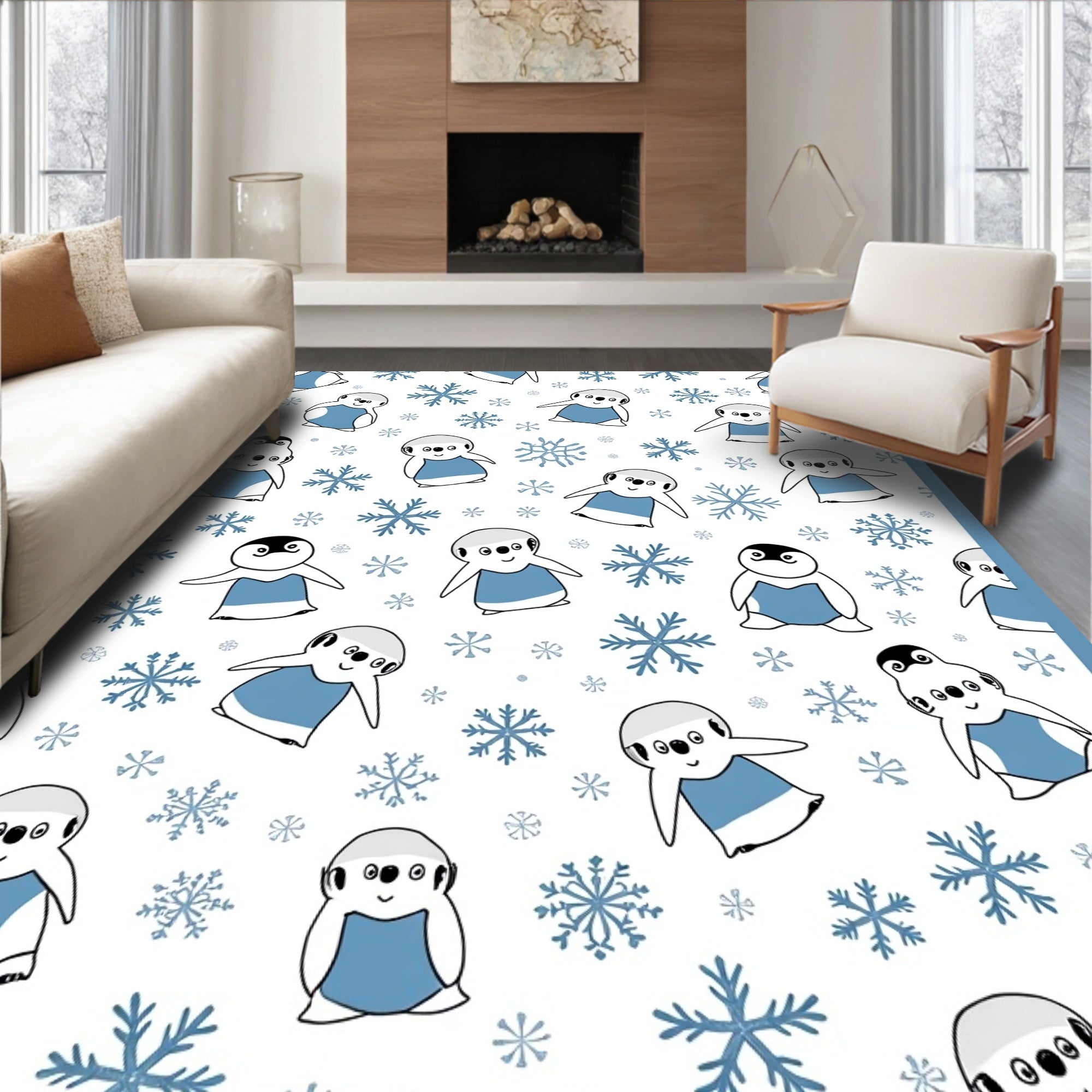 Cute Blue Penguin Snowflakes Repeat Rug