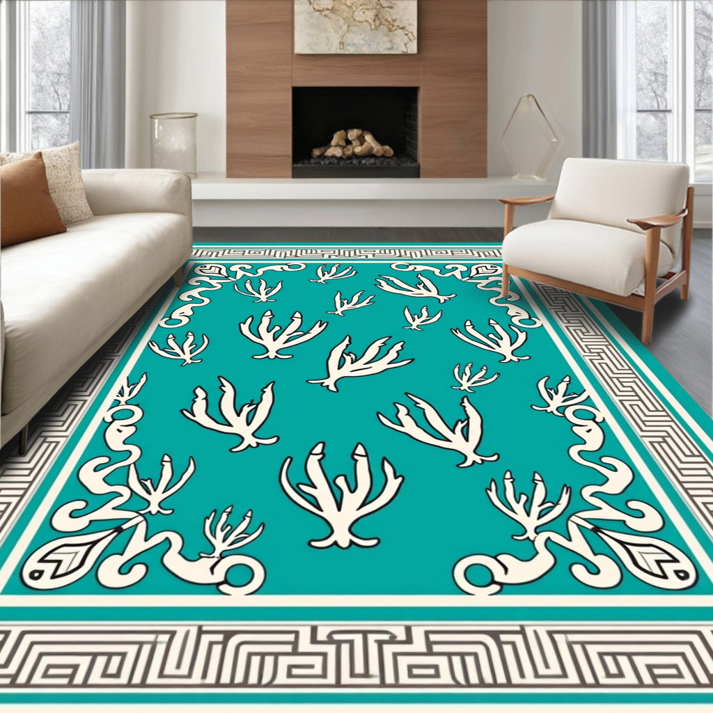 Turquoise Coral Medallion Border Rug