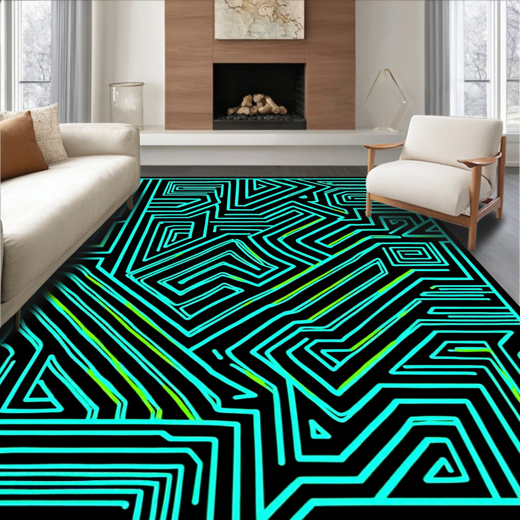 Bright Cyan Labyrinth Electric Lines Rug