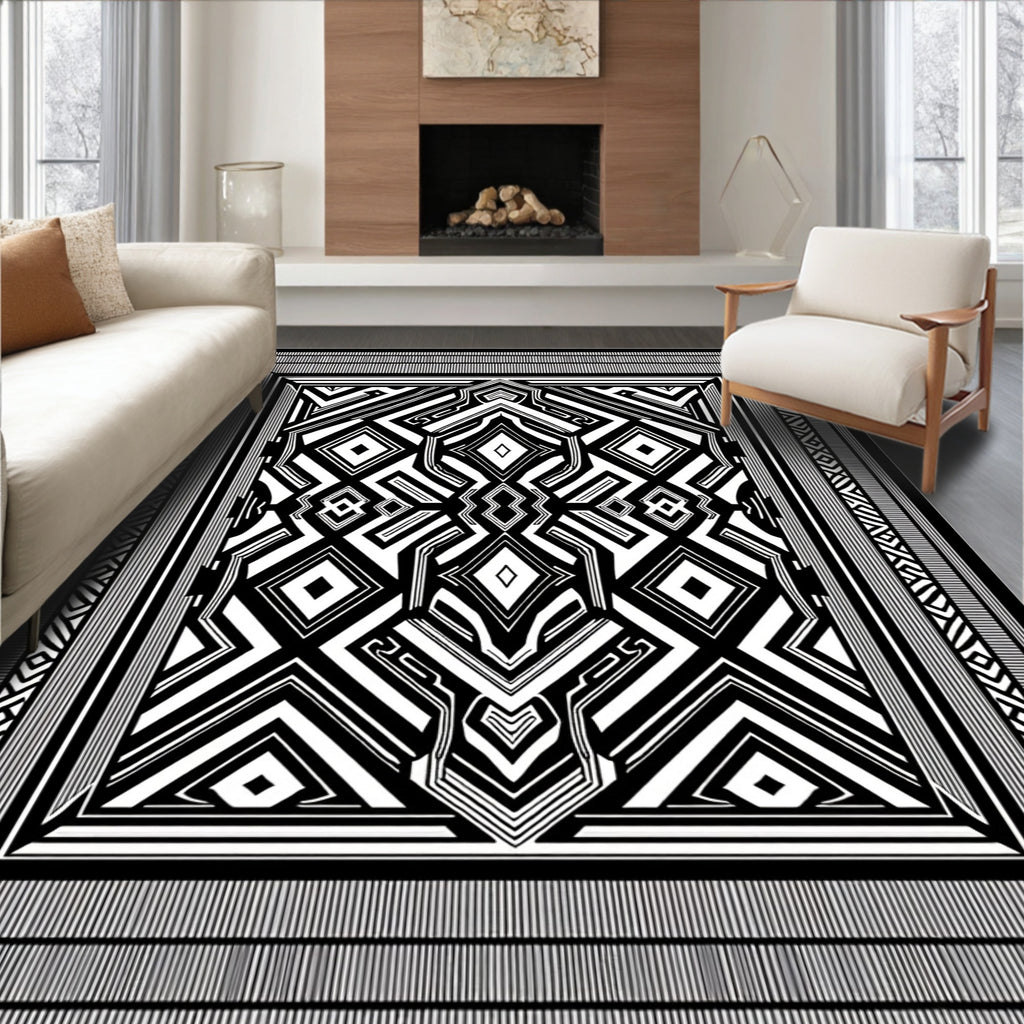 Bold Black White Geometric Abstract Rug