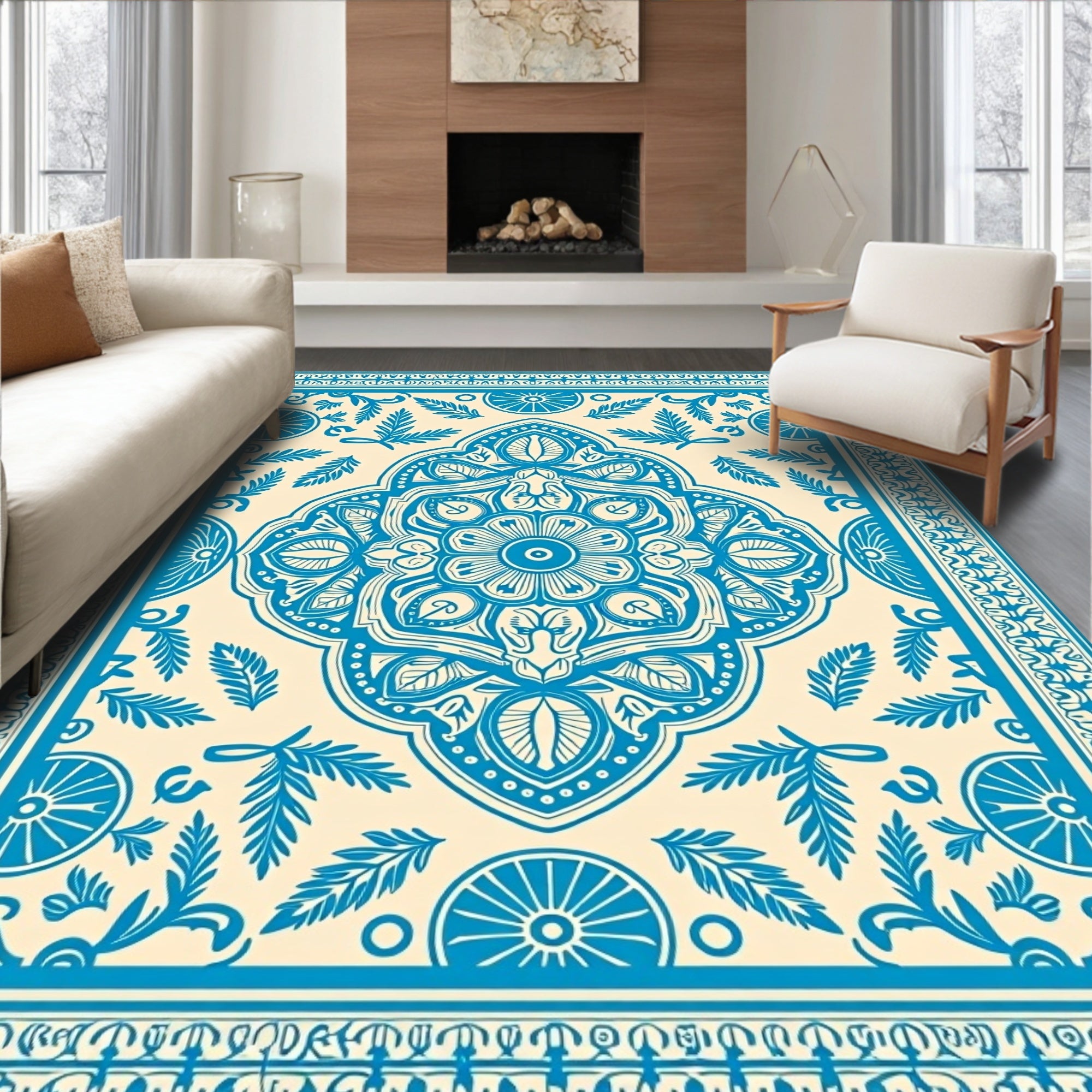 Blue Floral Medallion Cream Rug