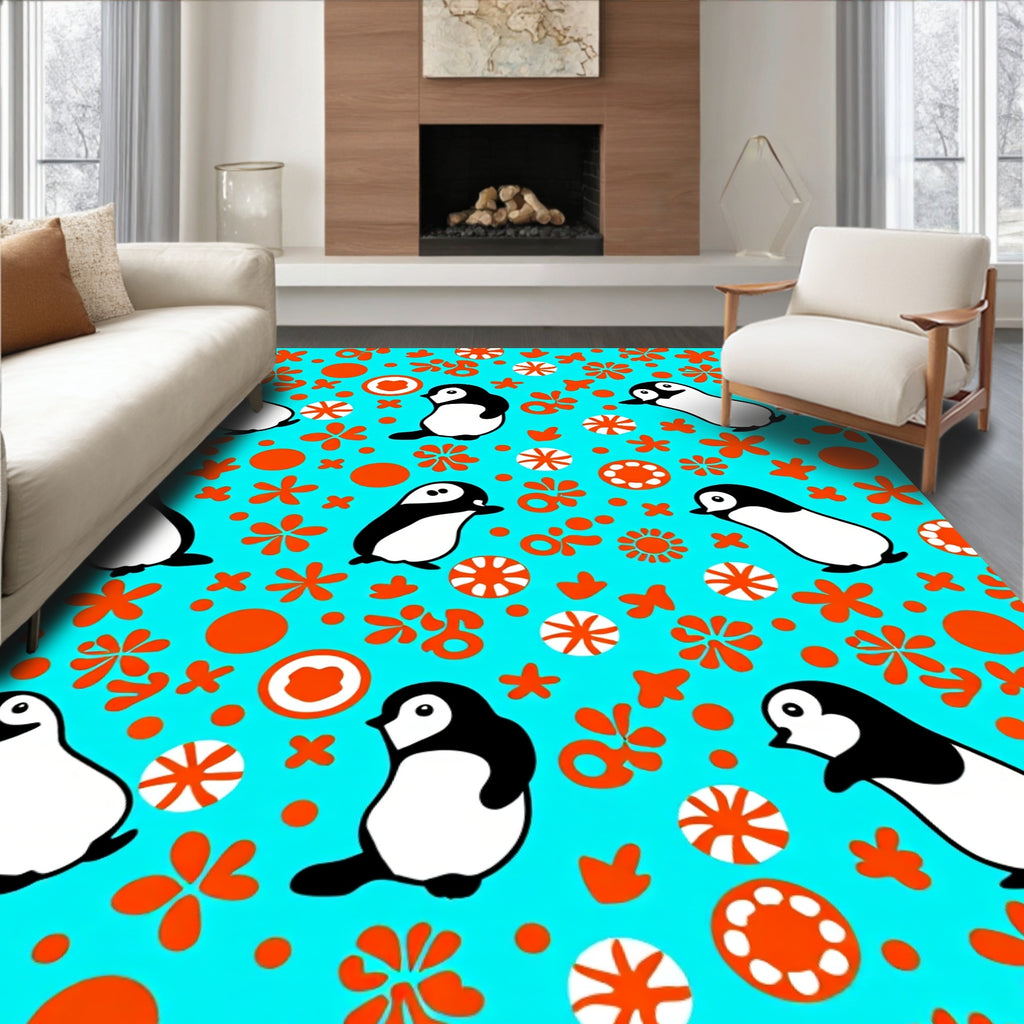 Cute Penguin Floral Whimsical Cyan Rug