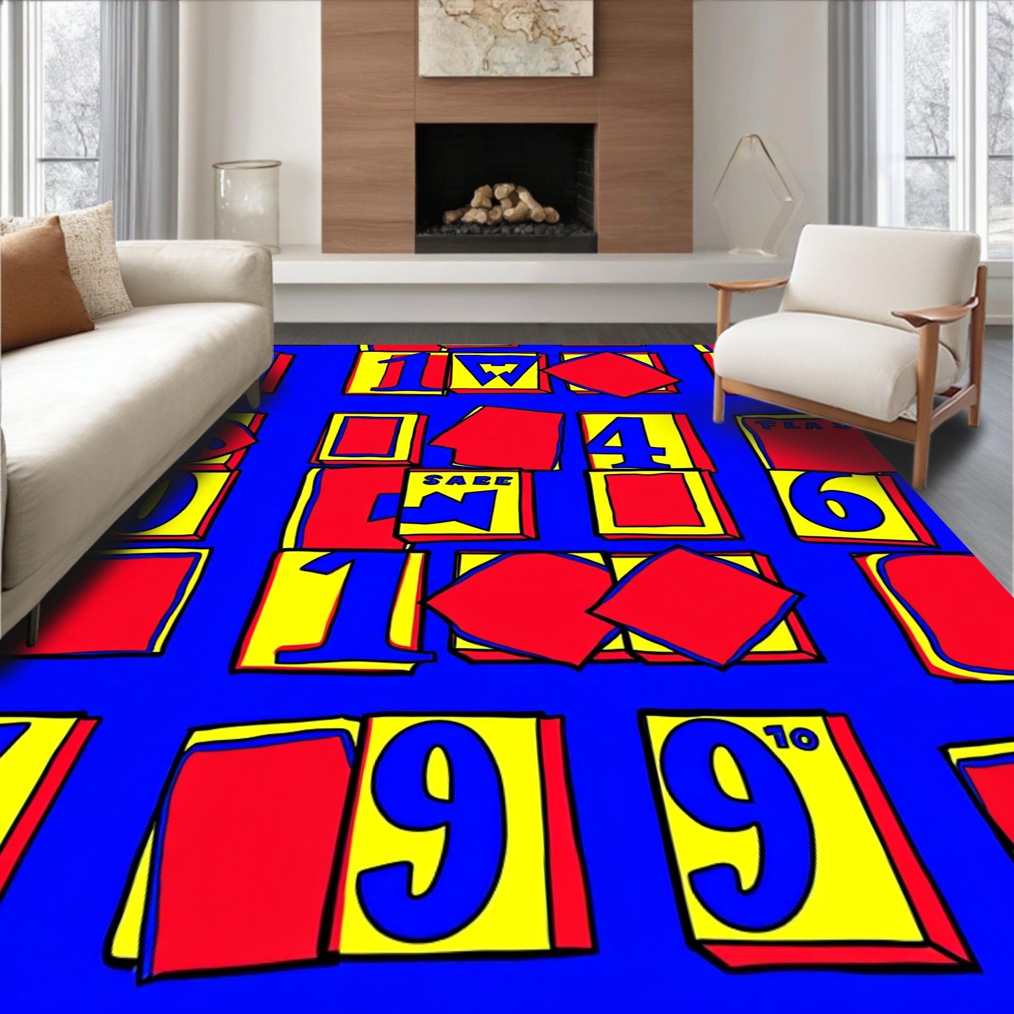 Vibrant Red Yellow Number Collage Rug