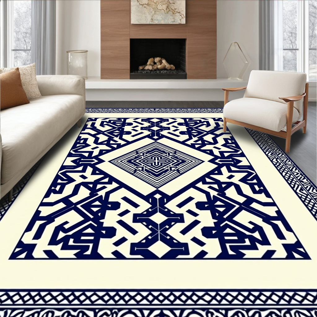 Navy Cream Geometric Diamond Motif Rug