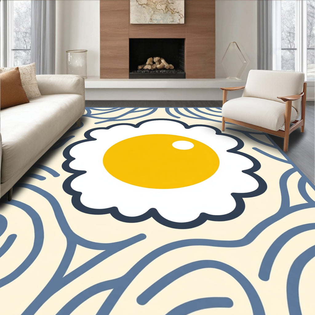 Whimsical Fried Egg Creamy Blue Rug