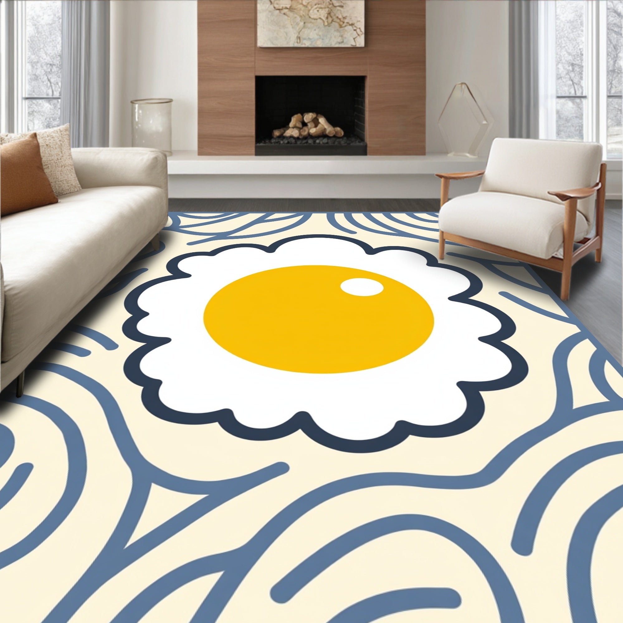 Whimsical Fried Egg Creamy Blue Rug