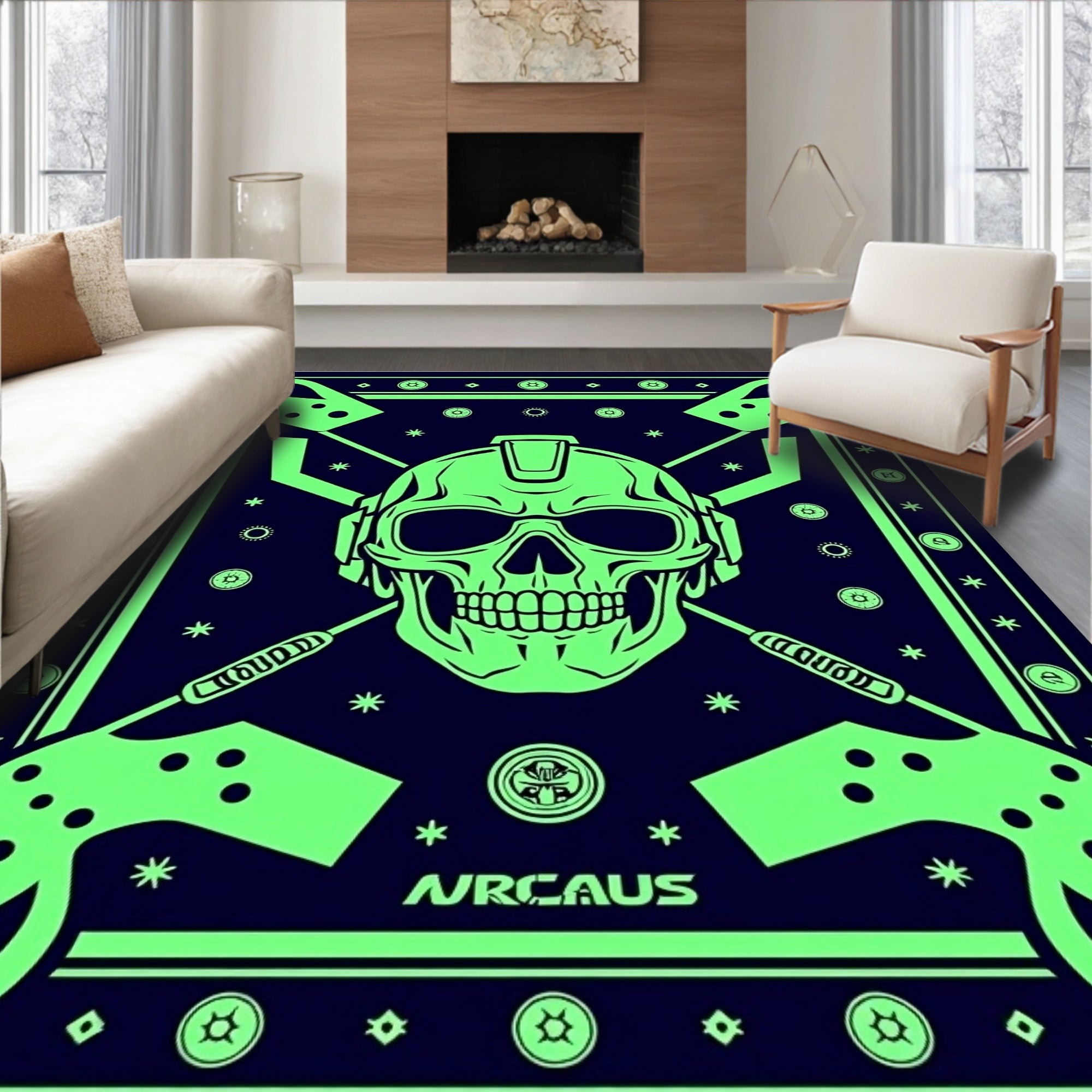 Neon Skull With Guns Accents Rug