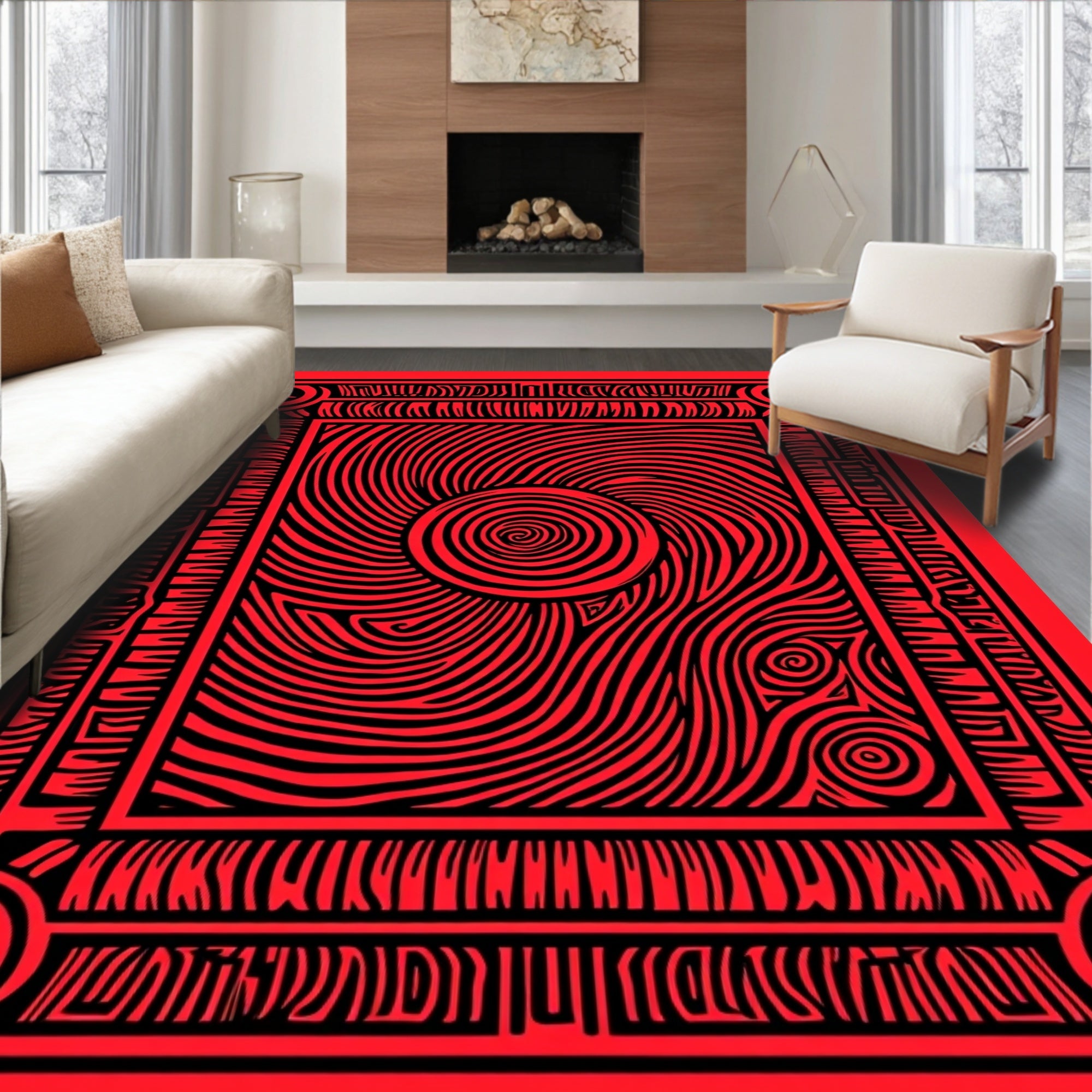 Red Swirl Sun Abstract Frame Rug