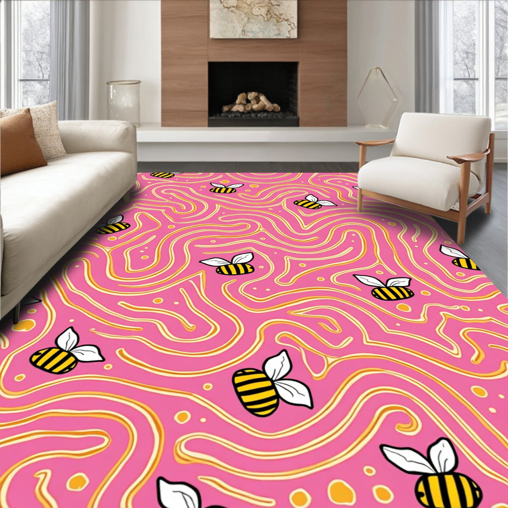 Whimsical Pink Bee Swirls Rug