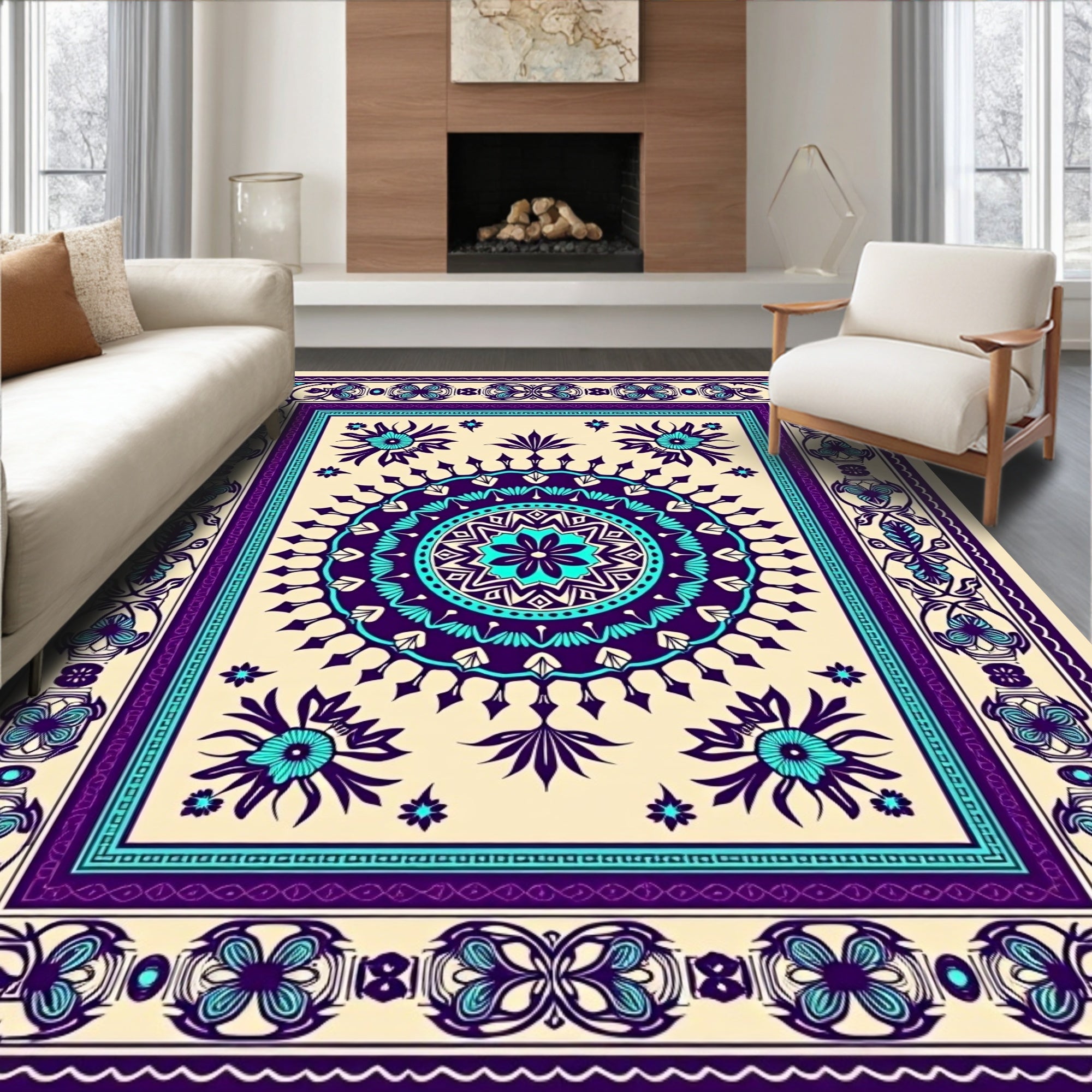 Bold Purple Teal Medallion Border Rug