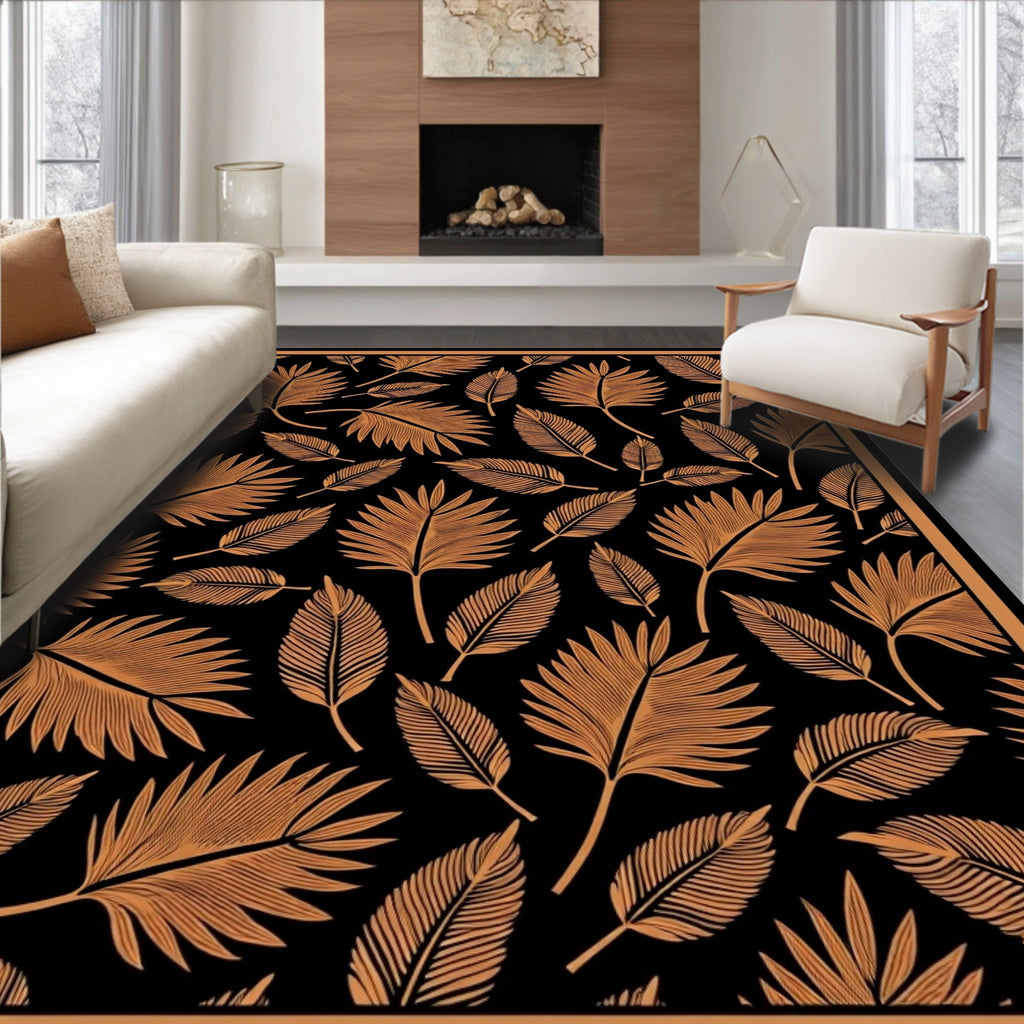 Golden Fern Frond Black Background Rug