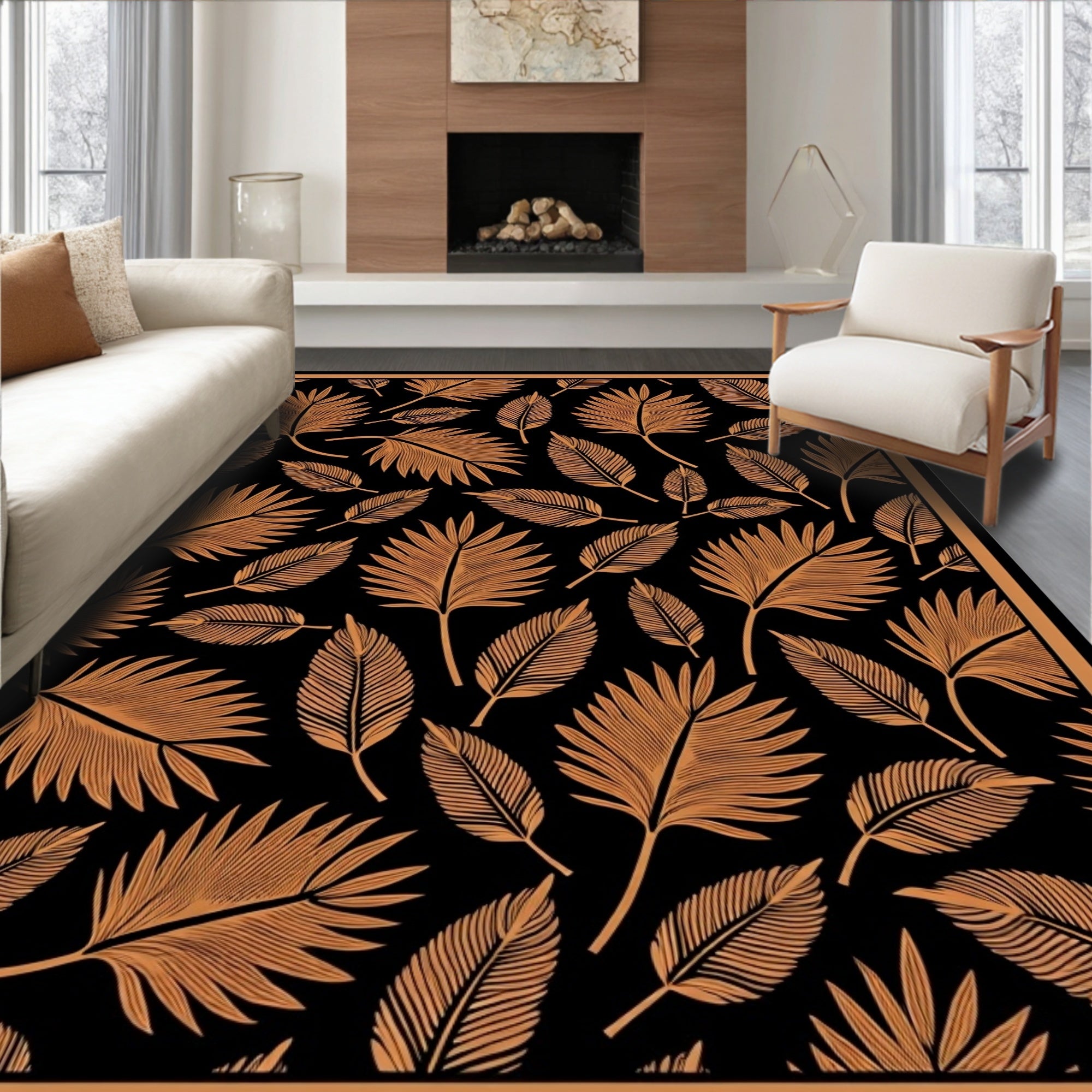 Golden Fern Frond Black Background Rug