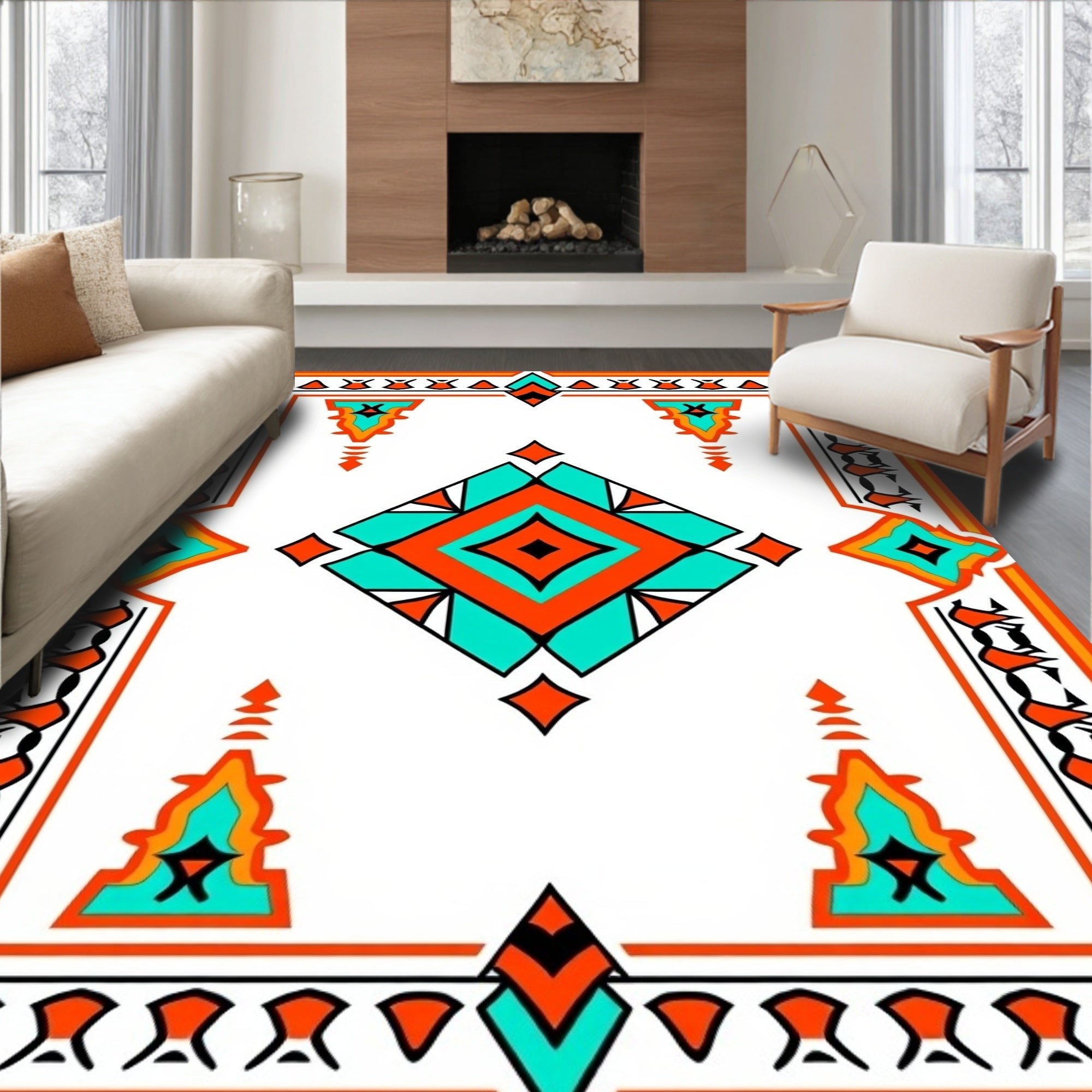 Bold Orange Turquoise Diamond Border Rug
