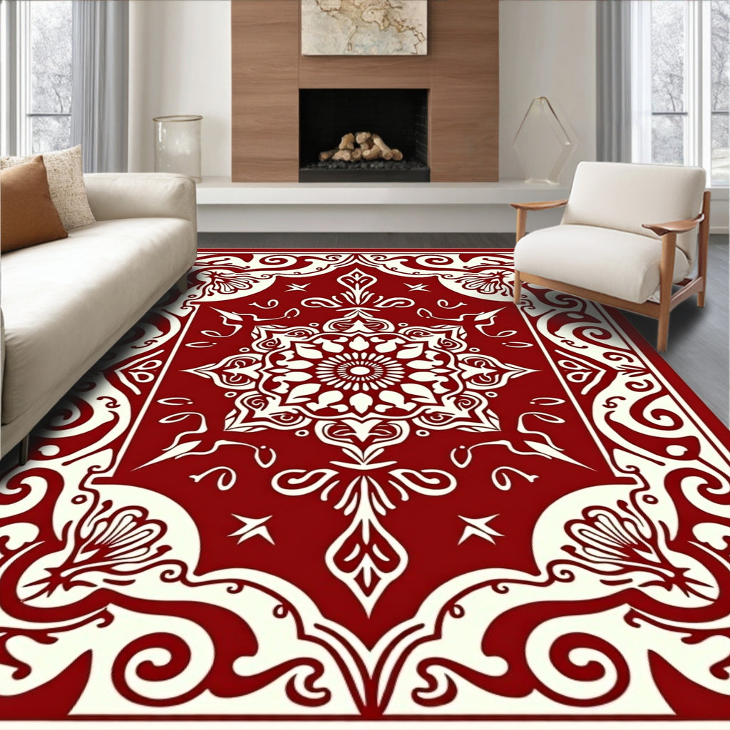 Crimson Cream Mandala Floral Medallion Rug