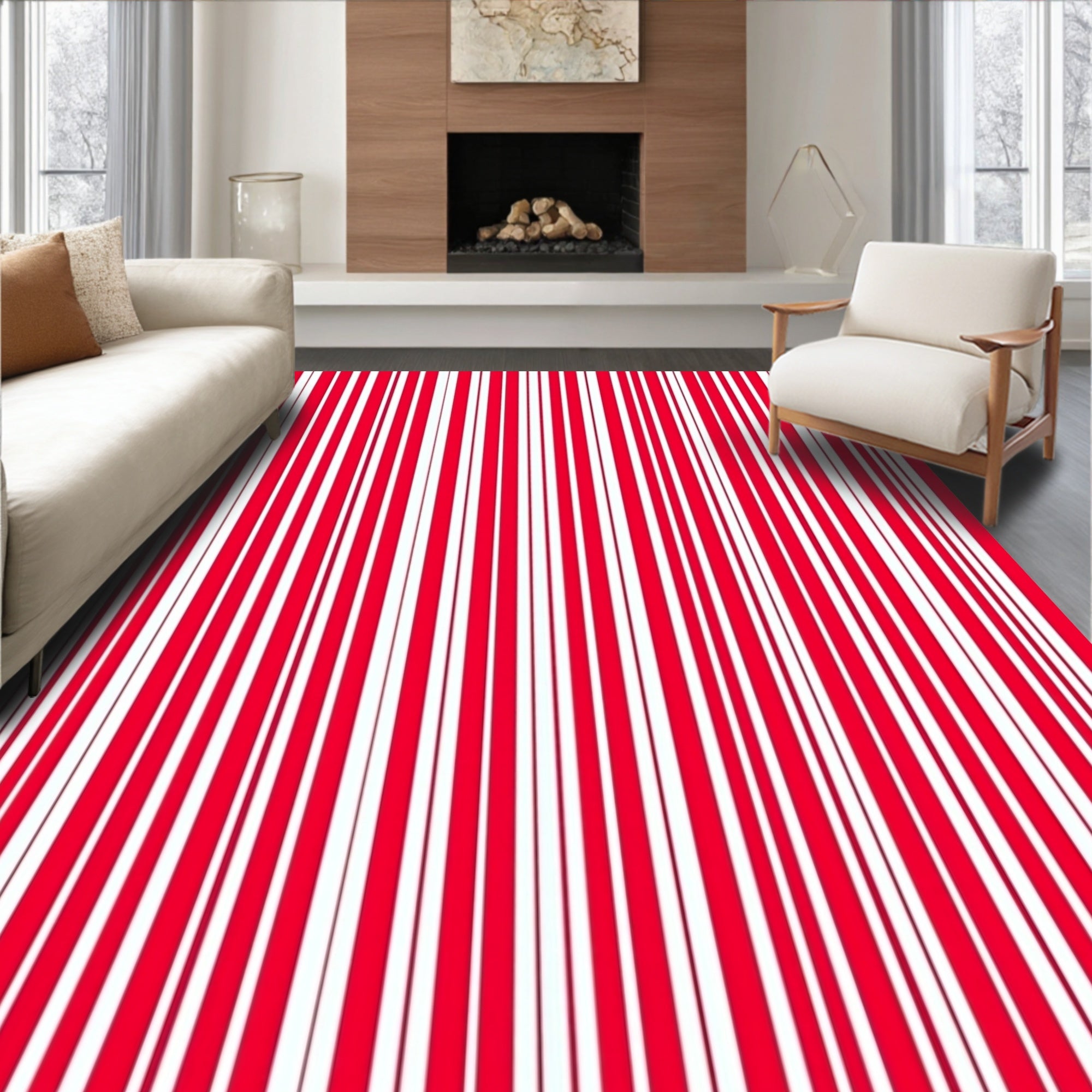 Bold Red and White Vertical Stripe Rug