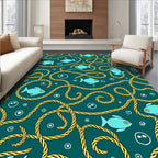 Teal Fish Nautical Rope Pattern Rug