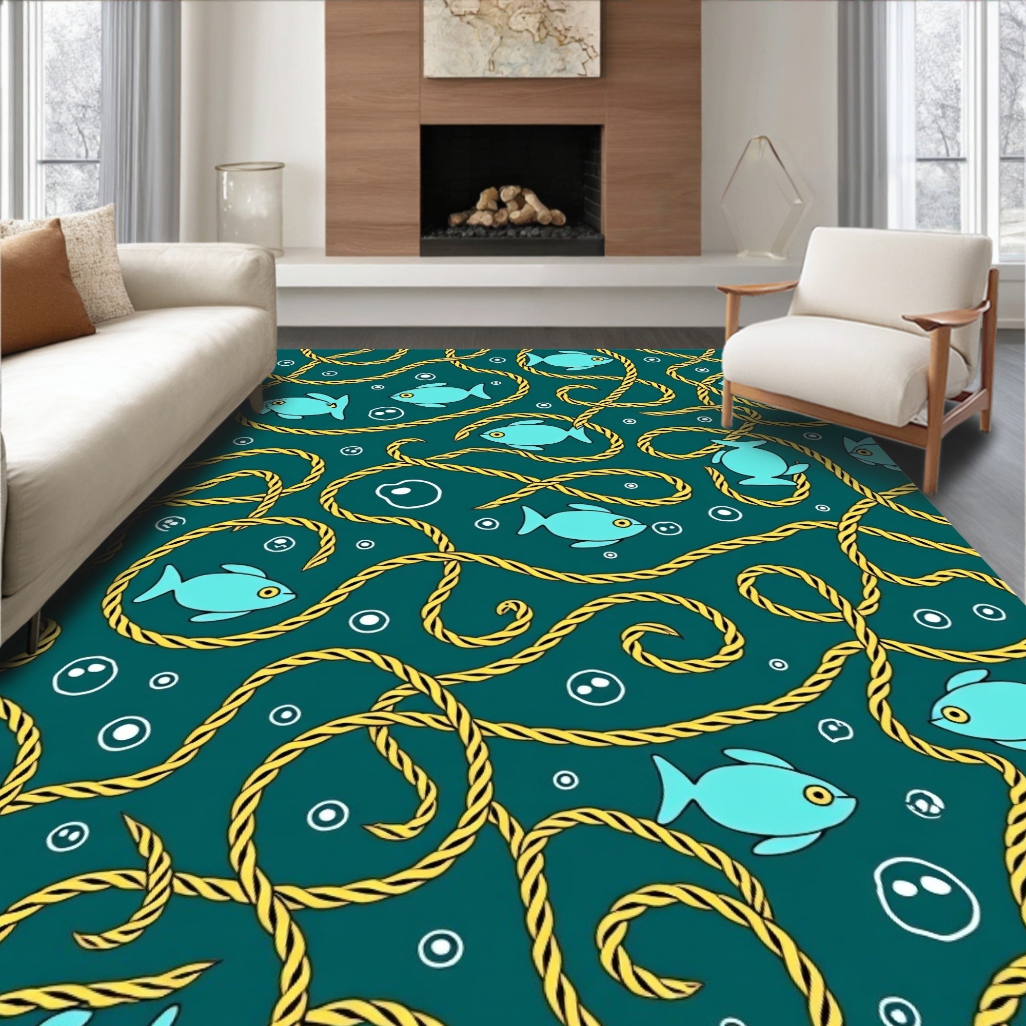 Teal Fish Nautical Rope Pattern Rug