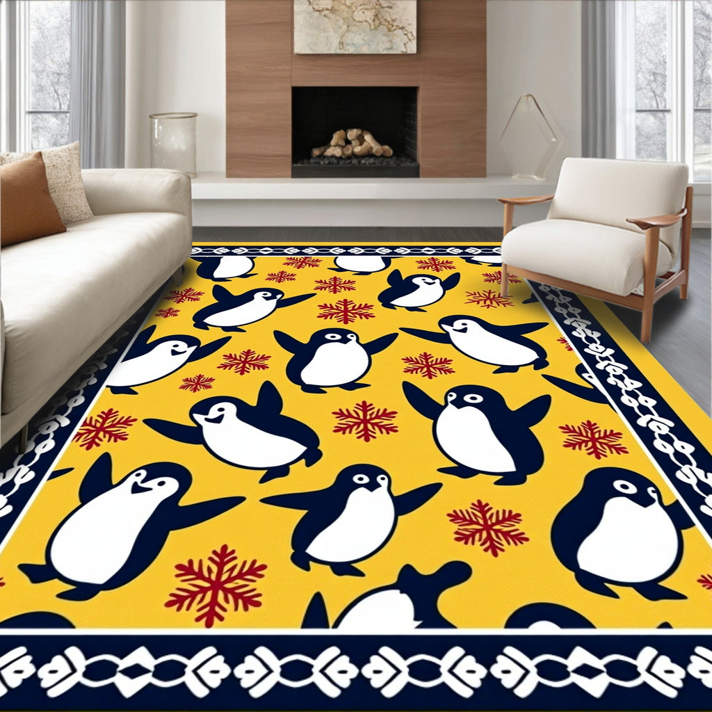 Yellow Penguin Snowflake Border Rug