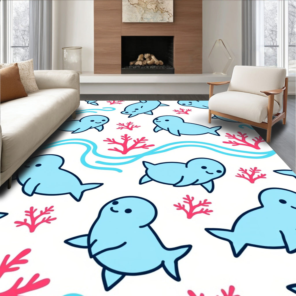 Cute Blue Seals Coral Sea Waves Rug