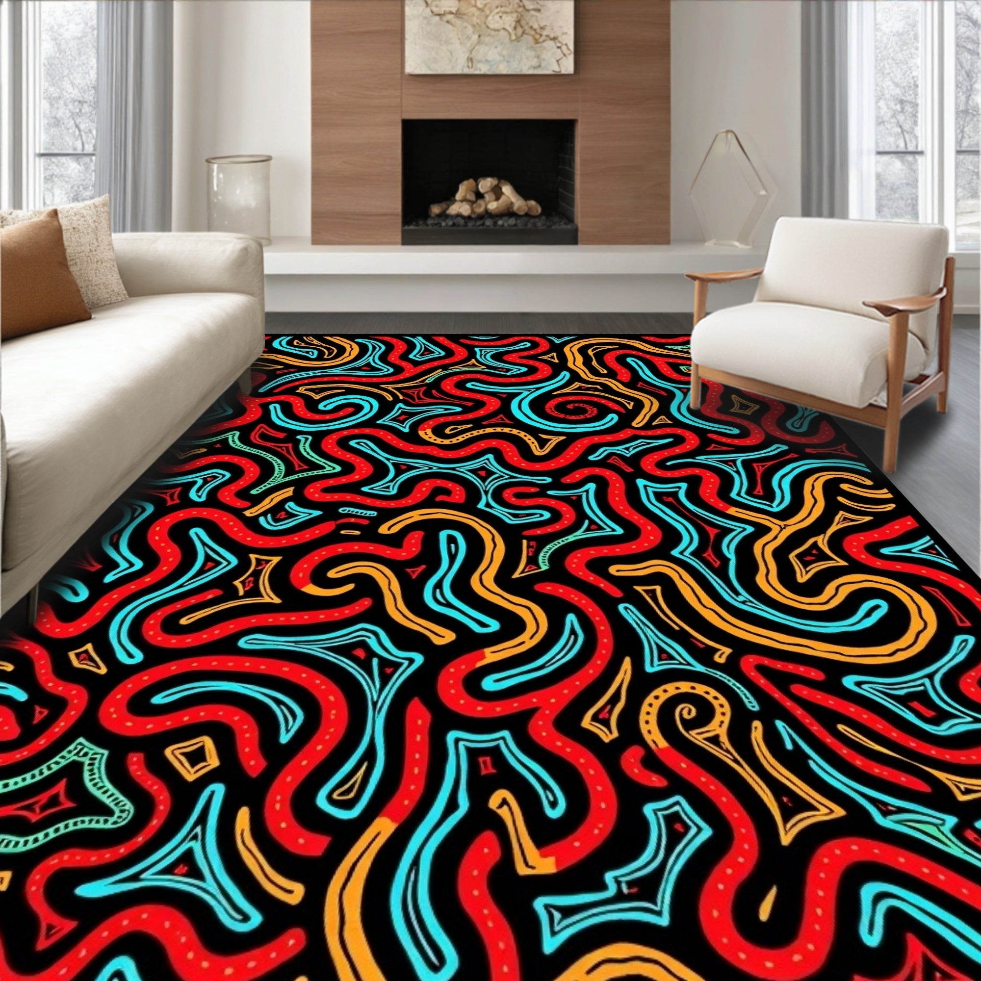 Vibrant Red Aqua Swirl Maze Rug