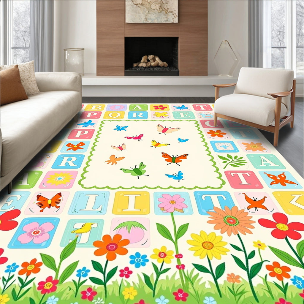 Whimsical Garden Butterflies Alphabet Blocks Rug