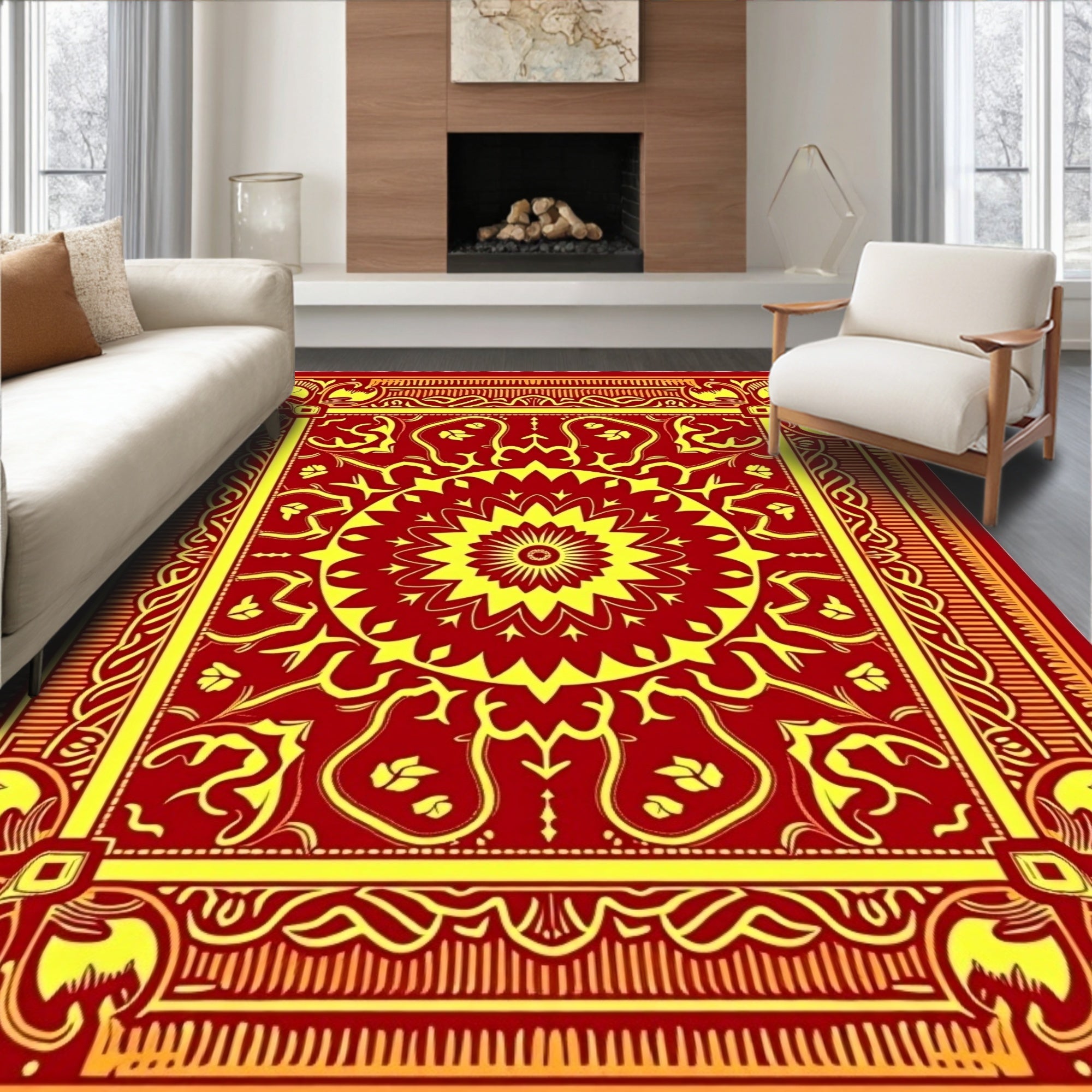 Crimson Yellow Ornate Medallion Border Rug