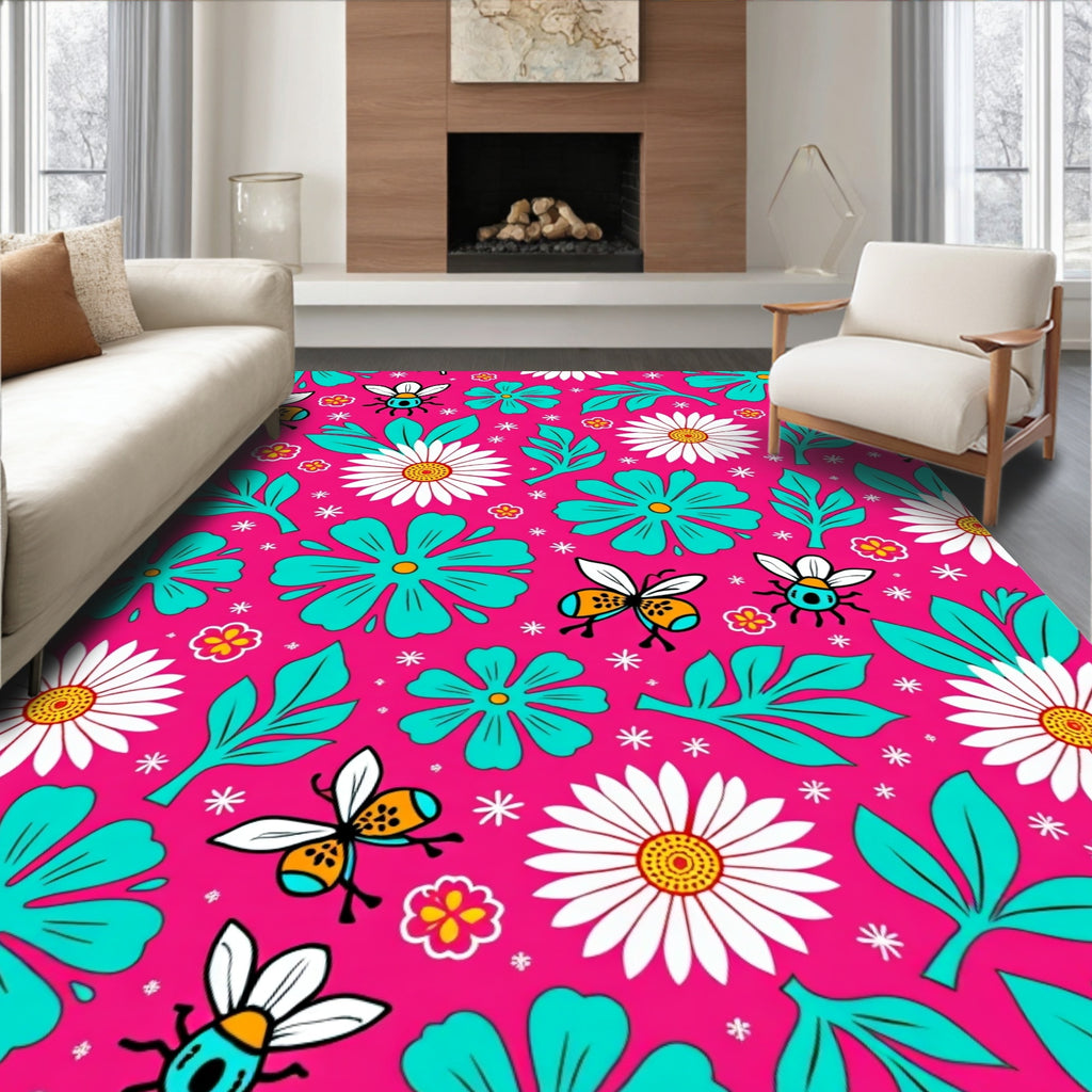 Pink Teal Bee Daisy Garden Bloom Rug