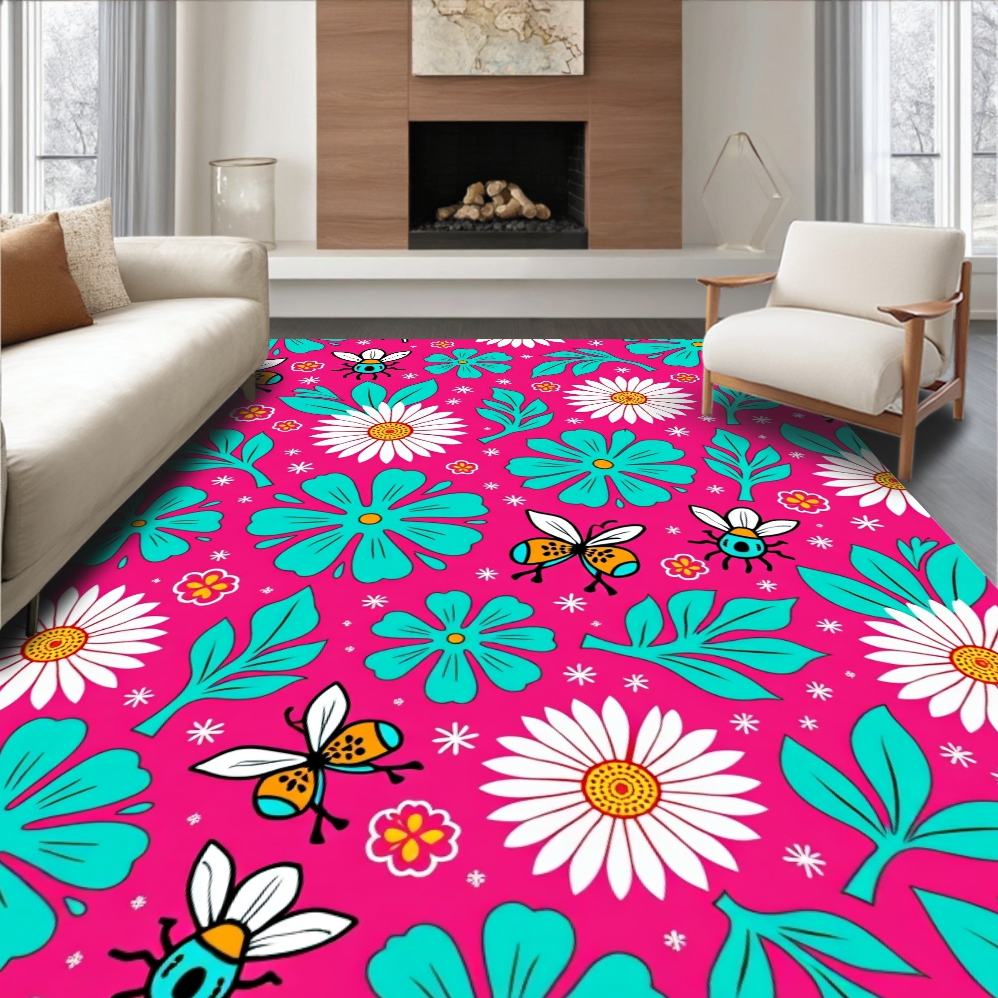 Pink Teal Bee Daisy Garden Bloom Rug