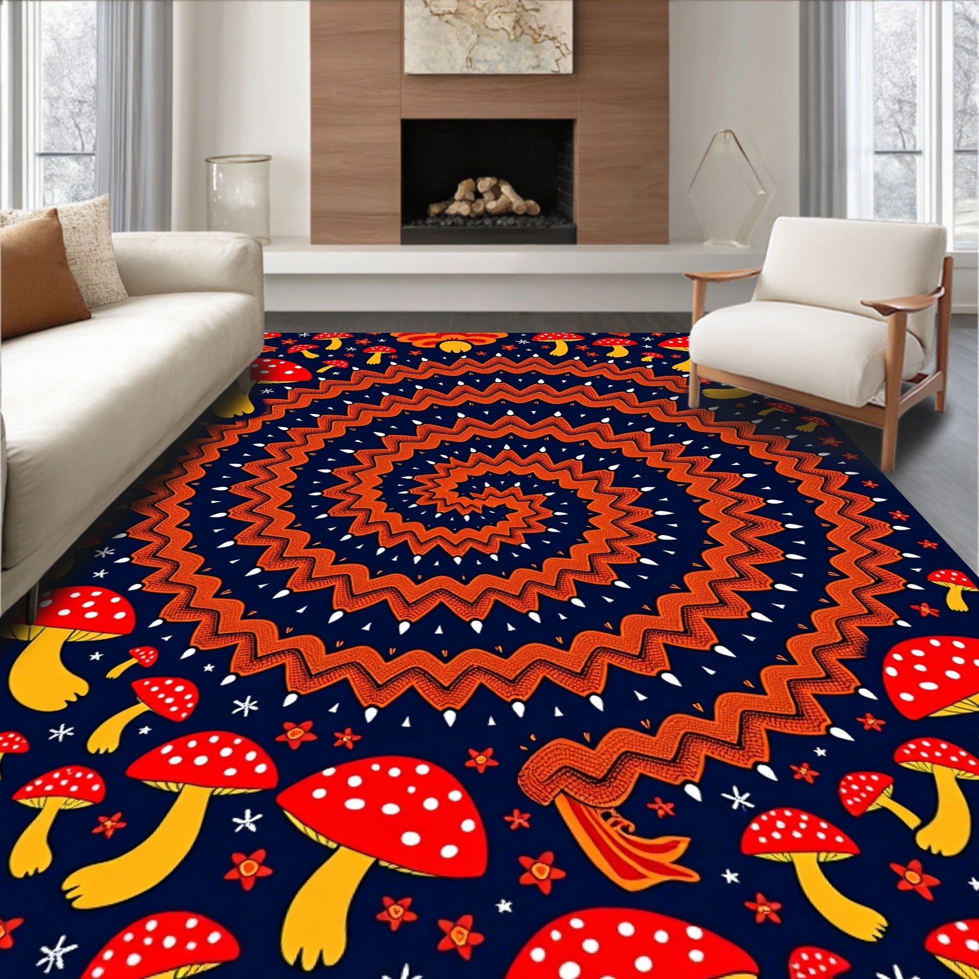 Red Mushroom Spiral Art Rug