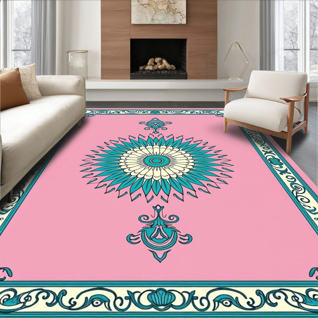Pink Teal Cream Floral Medallion Border Rug